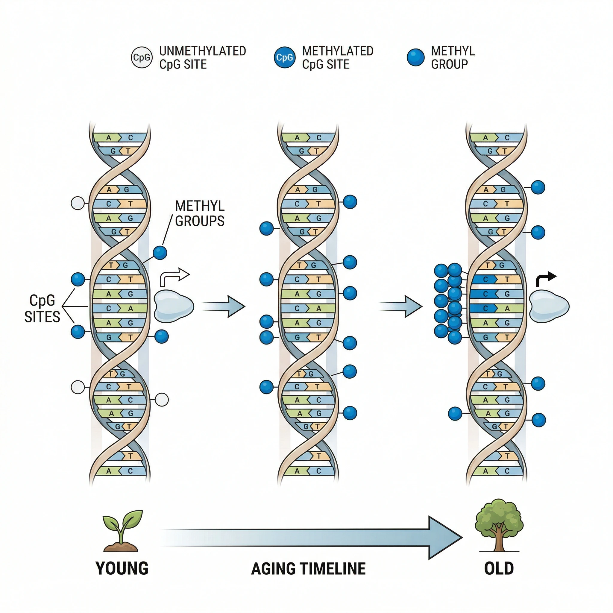 Simplified diagram showing methyl groups attaching to CpG sites along a DNA strand with aging timeline
