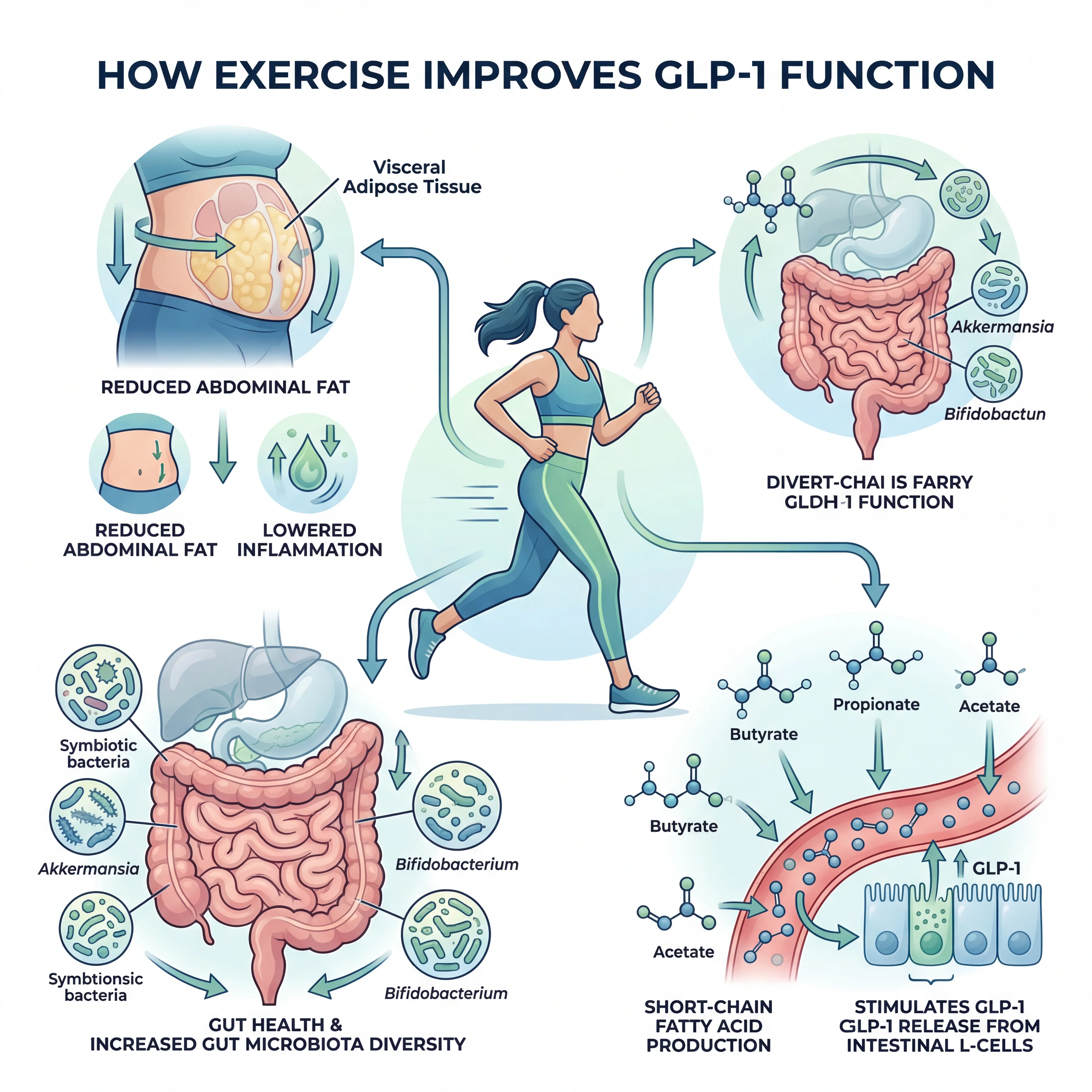 Diagram illustrating how exercise improves GLP-1 function through three pathways: reducing visceral fat, increasing gut microbiota diversity, and boosting short-chain fatty acid production