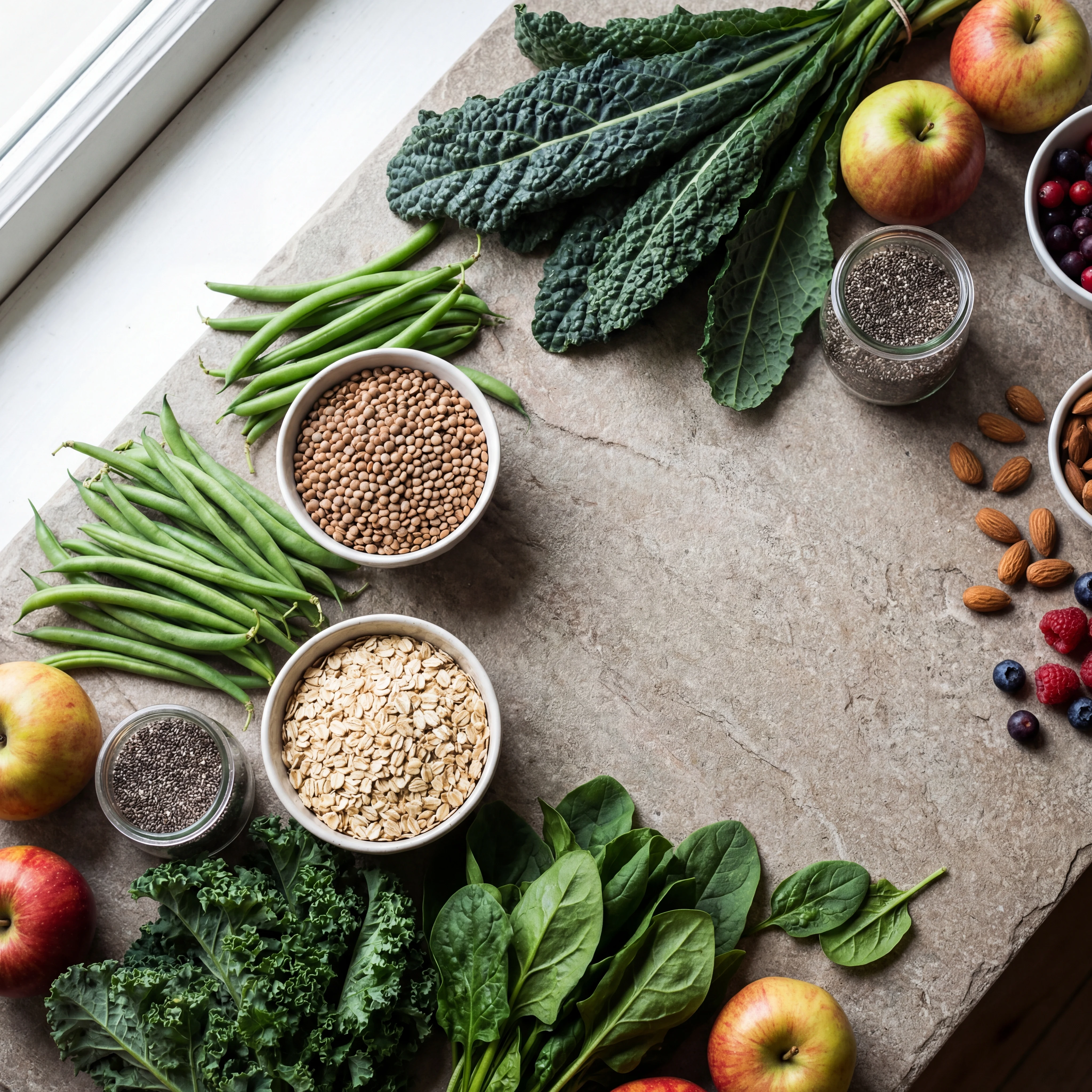 Top-down plate of green beans and other high-fiber foods