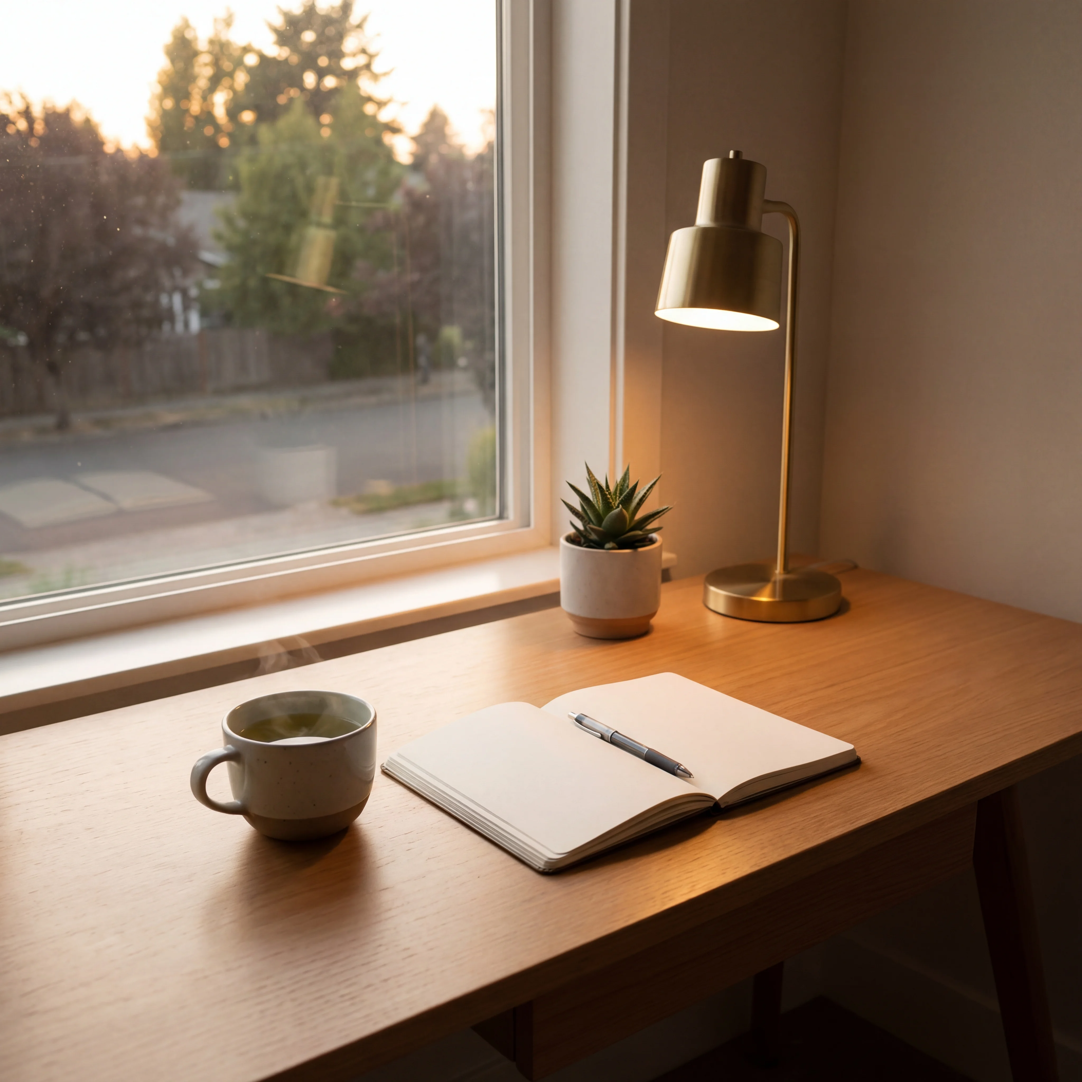 Minimal desk setup with a cup of green tea, an open notebook, and soft evening light for focused work.