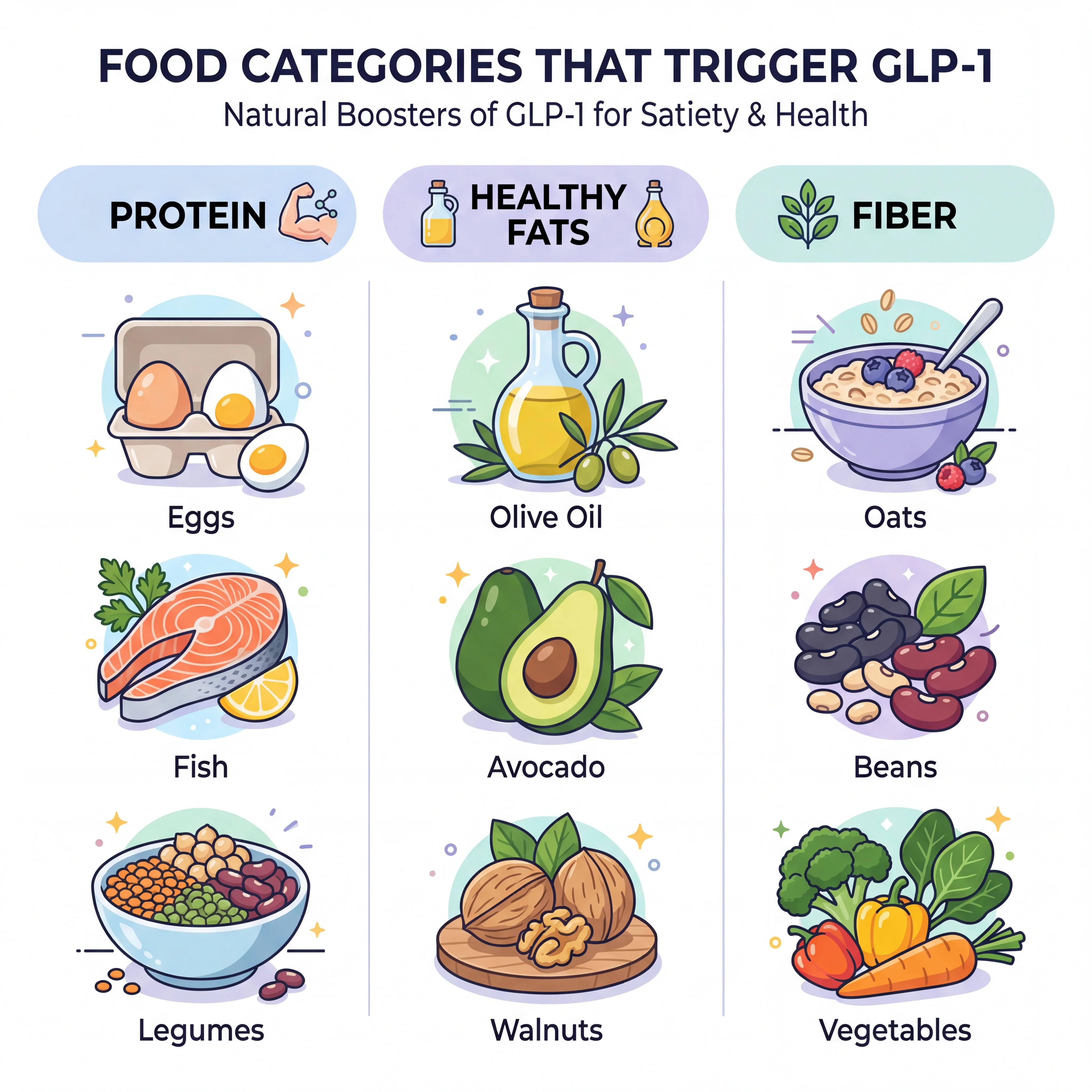 Infographic showing three food categories that boost GLP-1: high-protein foods, healthy fats, and fiber-rich foods with examples of each