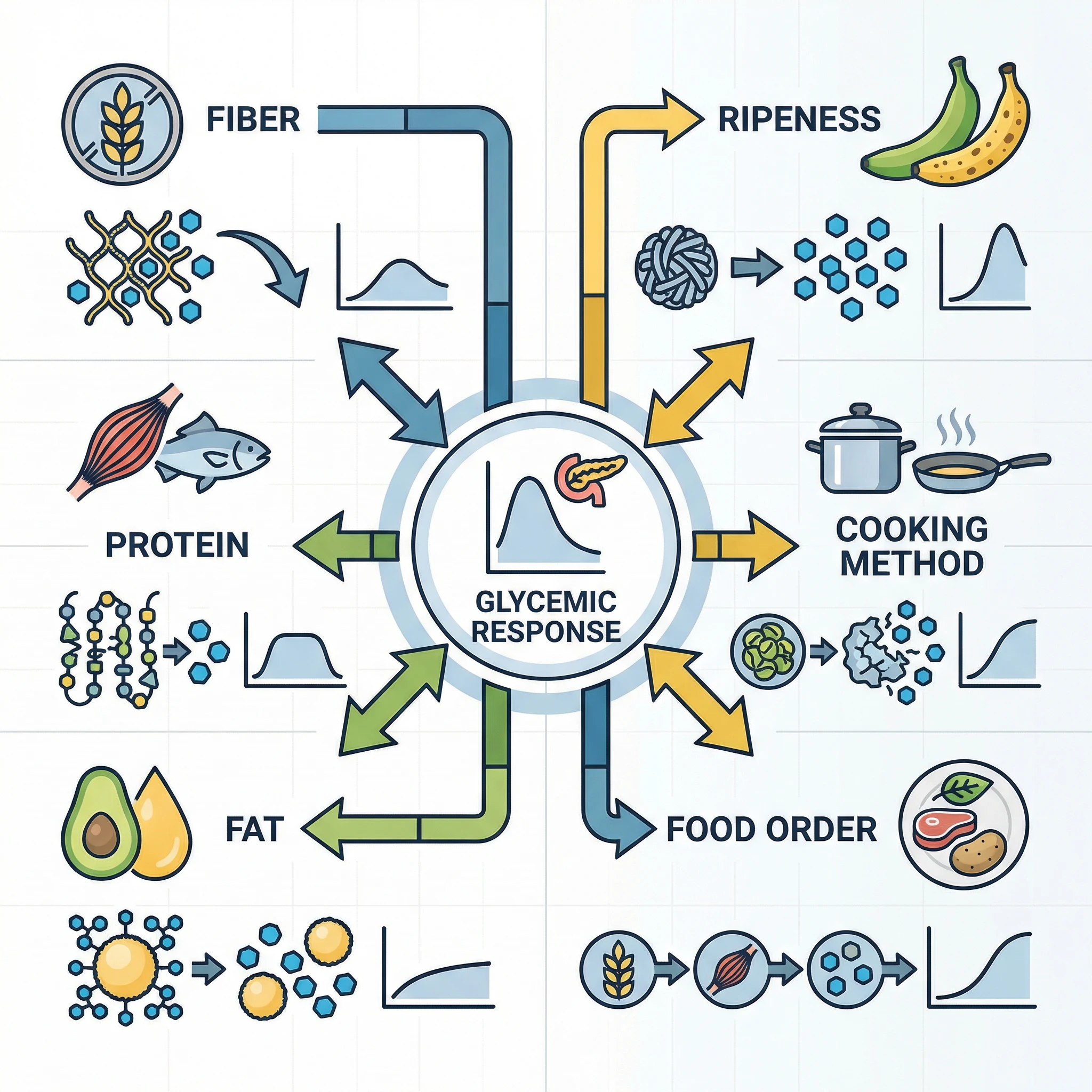 Infographic-style visual showing fiber, protein, fat, ripeness, cooking method, and food order as factors in glycemic response