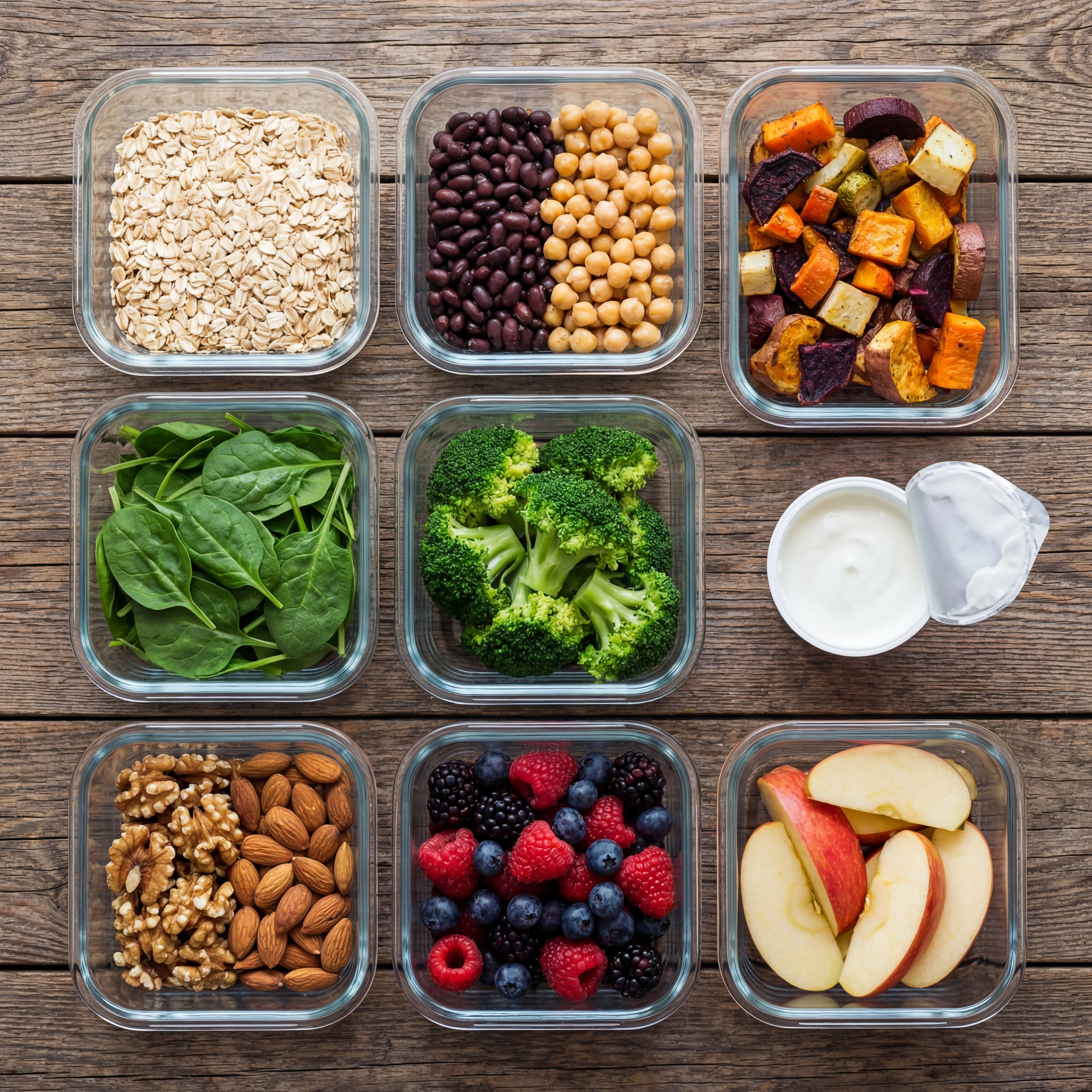 Weekly meal-prep containers with oats, beans, vegetables, nuts, fruit, and plain yogurt