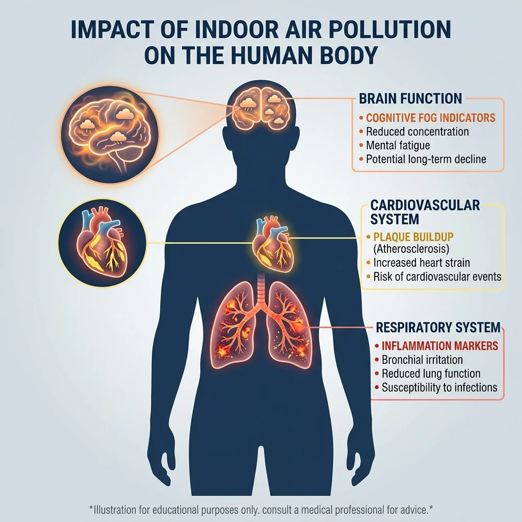 Human body silhouette showing organs affected by indoor air pollution including lungs, heart, and brain with health impact indicators