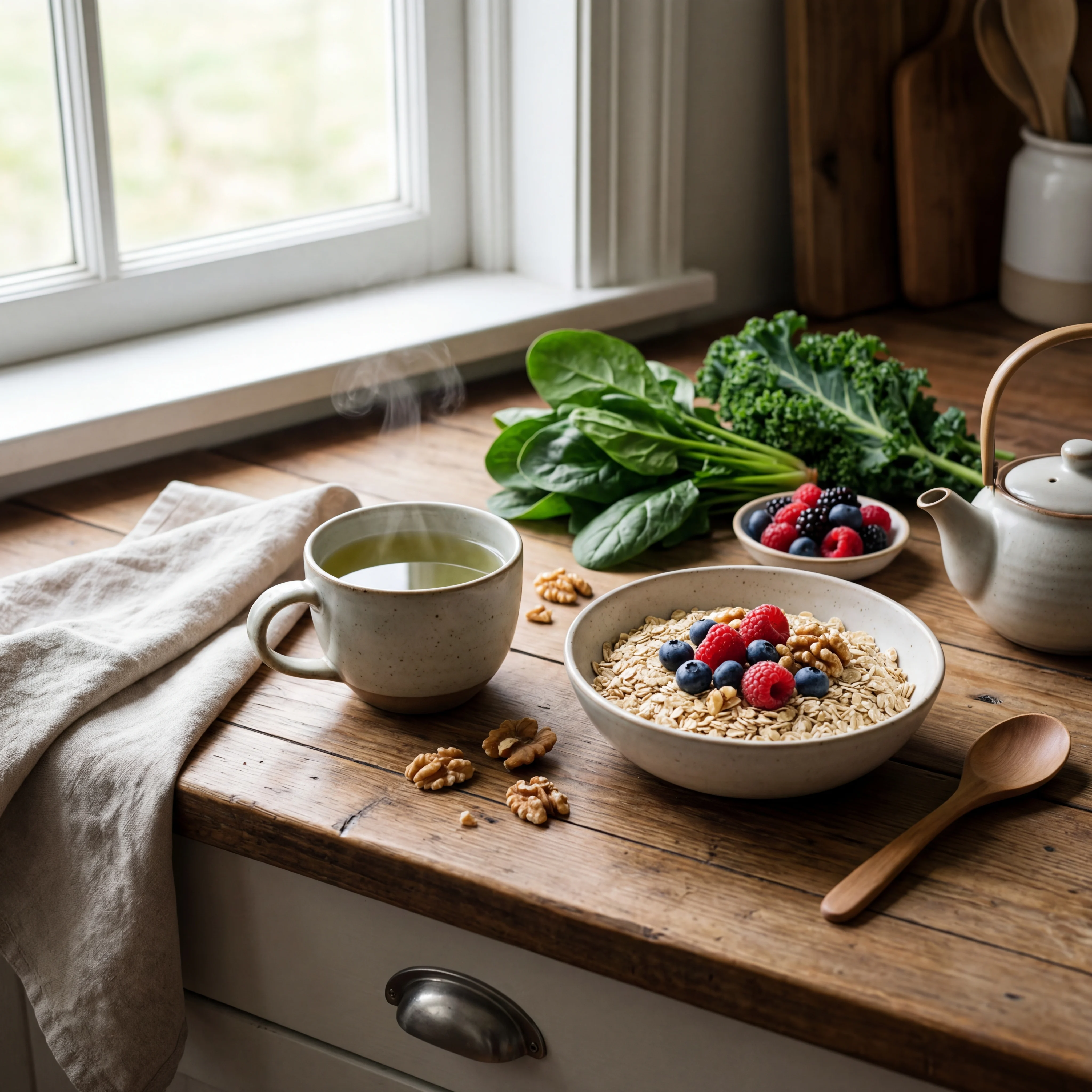 Cup of green tea beside berries, walnuts, oats, and leafy greens arranged on a kitchen counter.