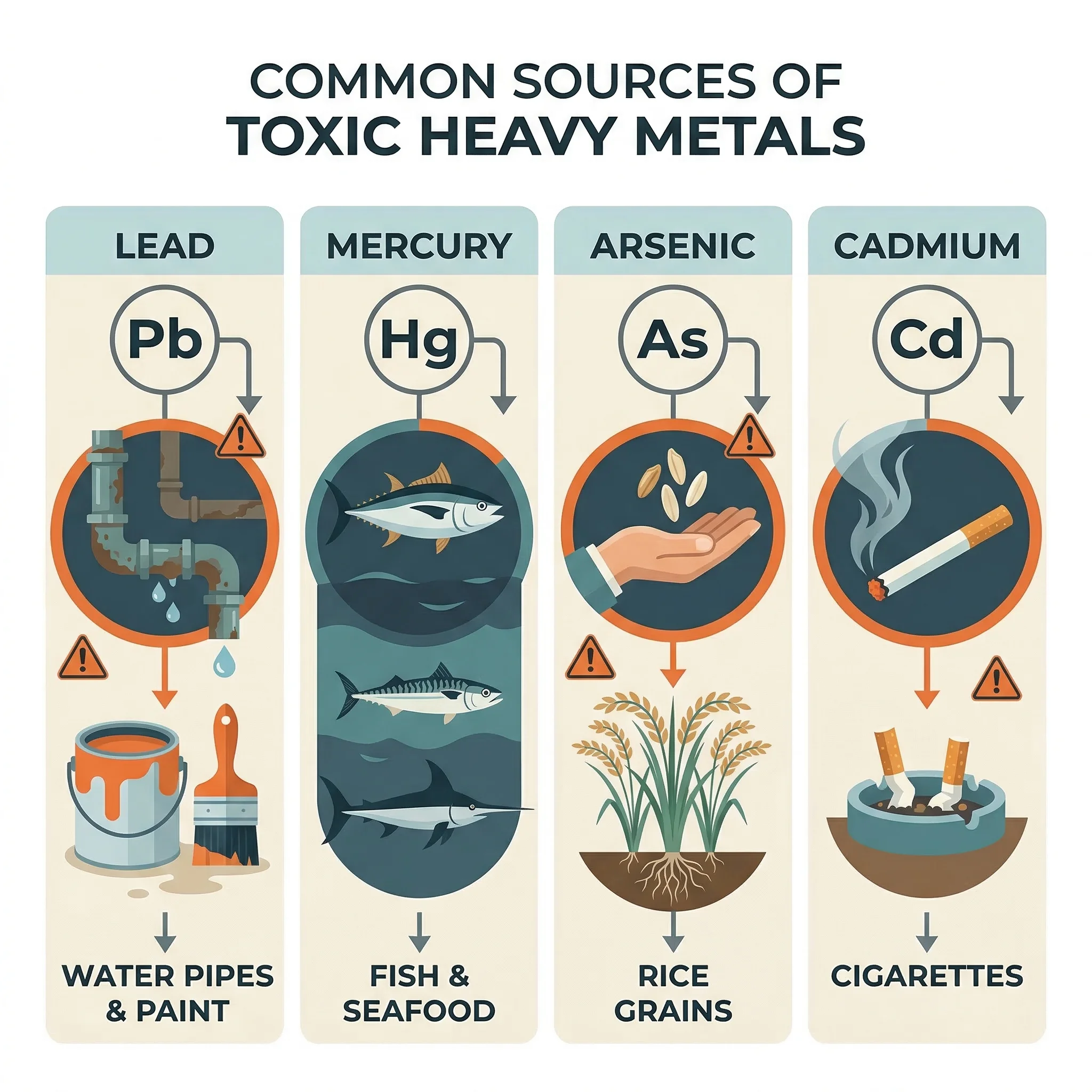 Infographic showing the four main toxic heavy metals — lead, mercury, arsenic, and cadmium — their common sources and affected body systems