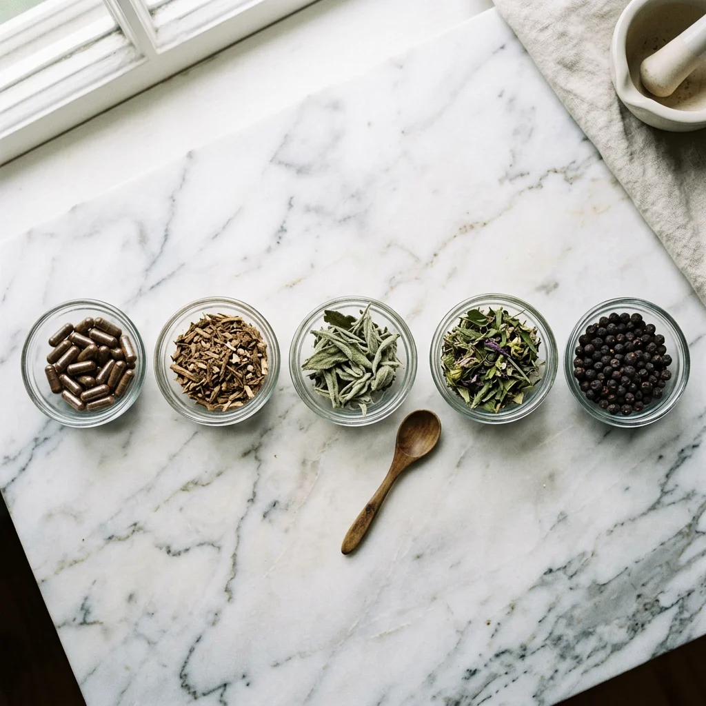 Various herbal supplement capsules and dried herbs labeled with names and evidence ratings