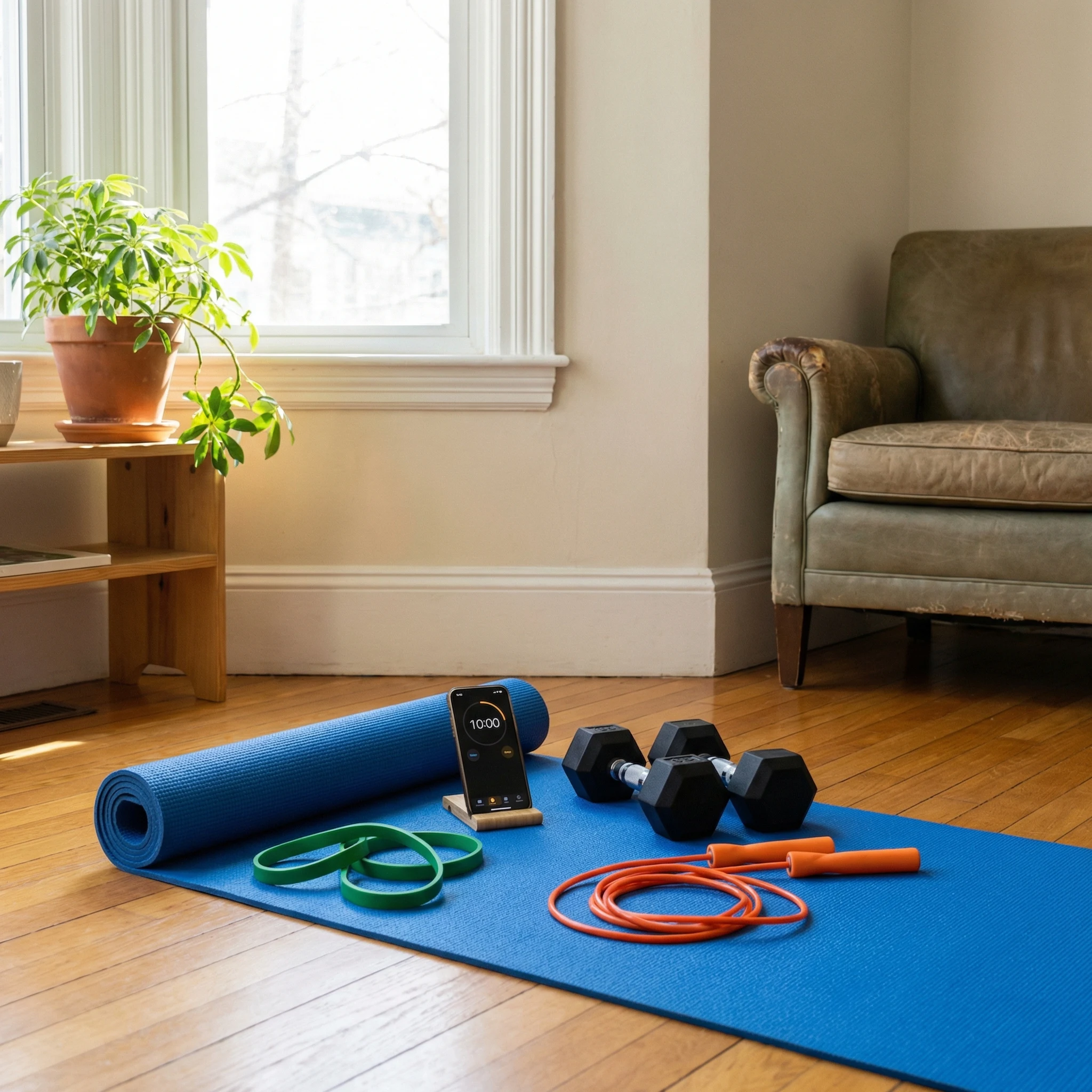 Simple home workout setup with dumbbells, resistance bands, yoga mat, and interval timer