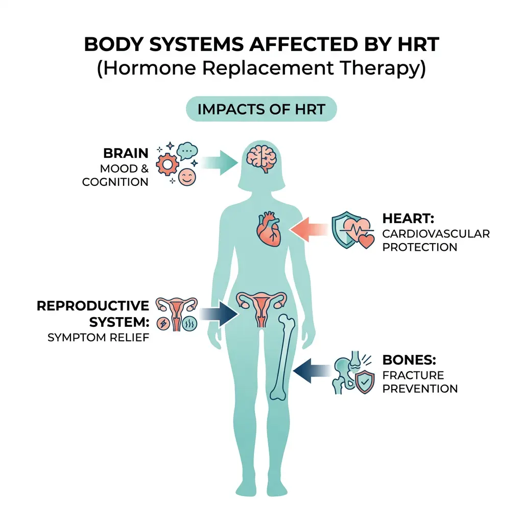 Infographic showing the main benefits of hormone replacement therapy organized by body system including bones, heart, brain, and metabolism