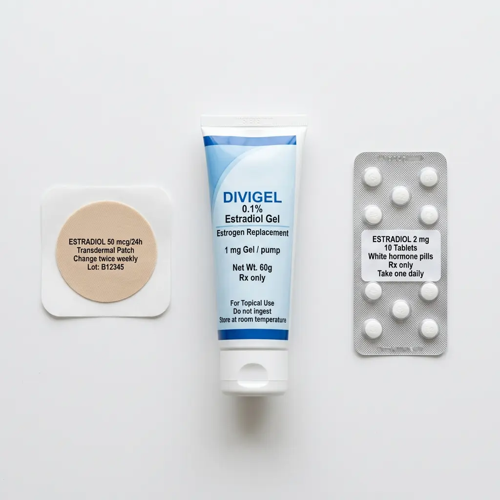 Side-by-side comparison of hormone therapy delivery methods showing transdermal patch on skin, oral pills, and topical gel application