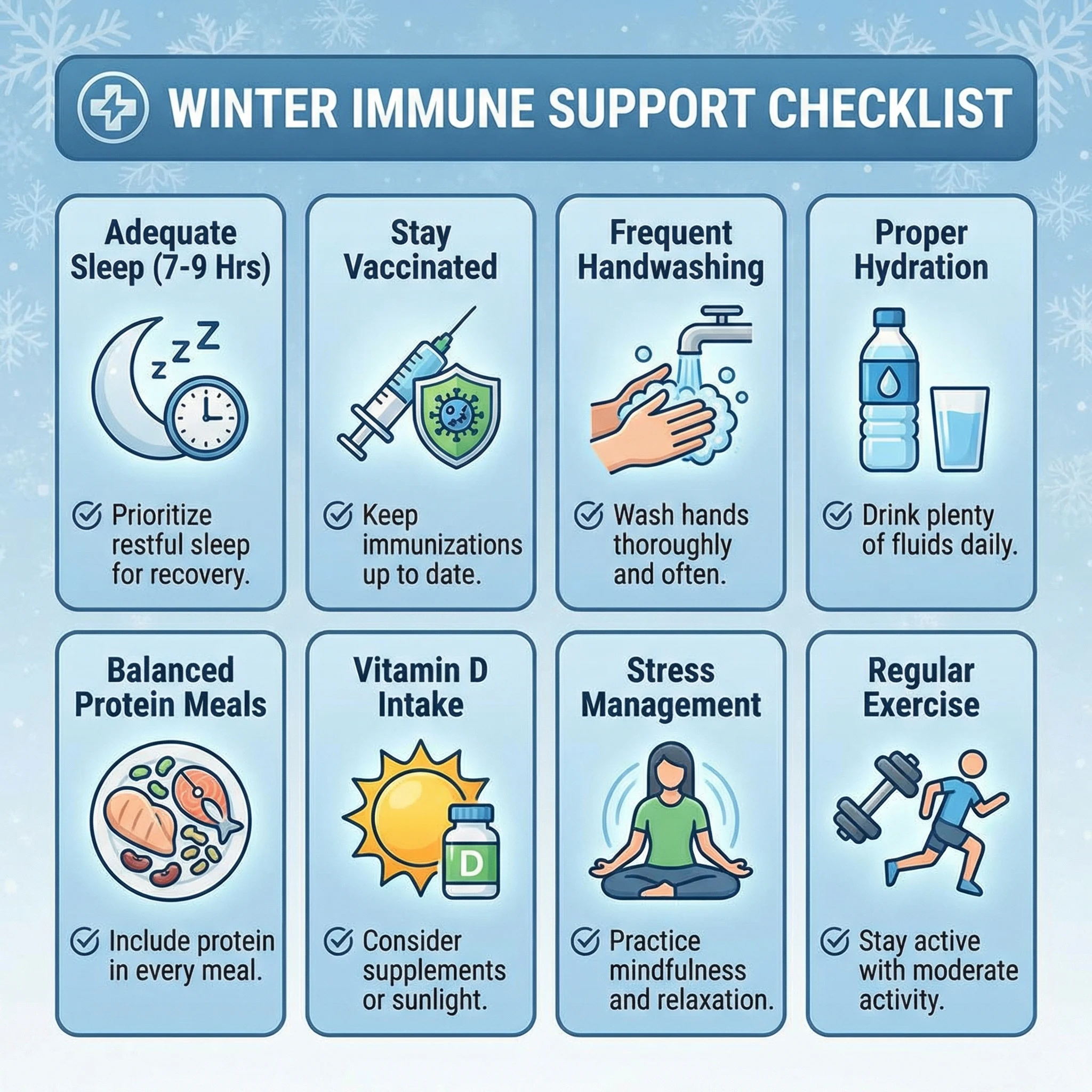 Infographic checklist showing winter immune habits including sleep, vaccination, handwashing, hydration, balanced meals, vitamin D, movement, and stress control