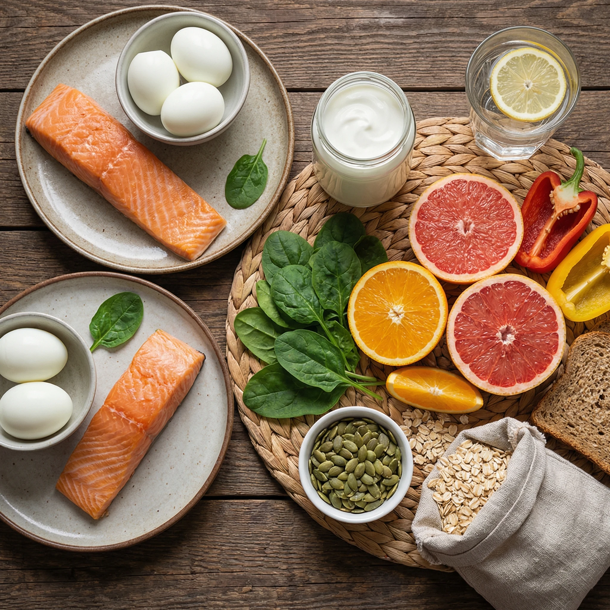 Immune-supportive meal ingredients including salmon, eggs, spinach, citrus, bell peppers, yogurt, seeds, and whole grains