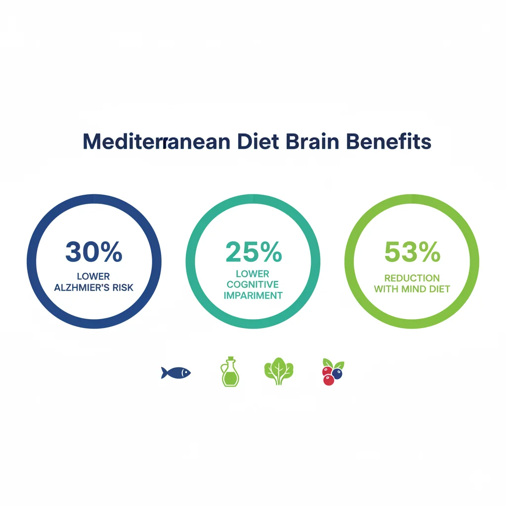 Infographic showing percentage reductions in cognitive decline and Alzheimer's risk from Mediterranean diet studies