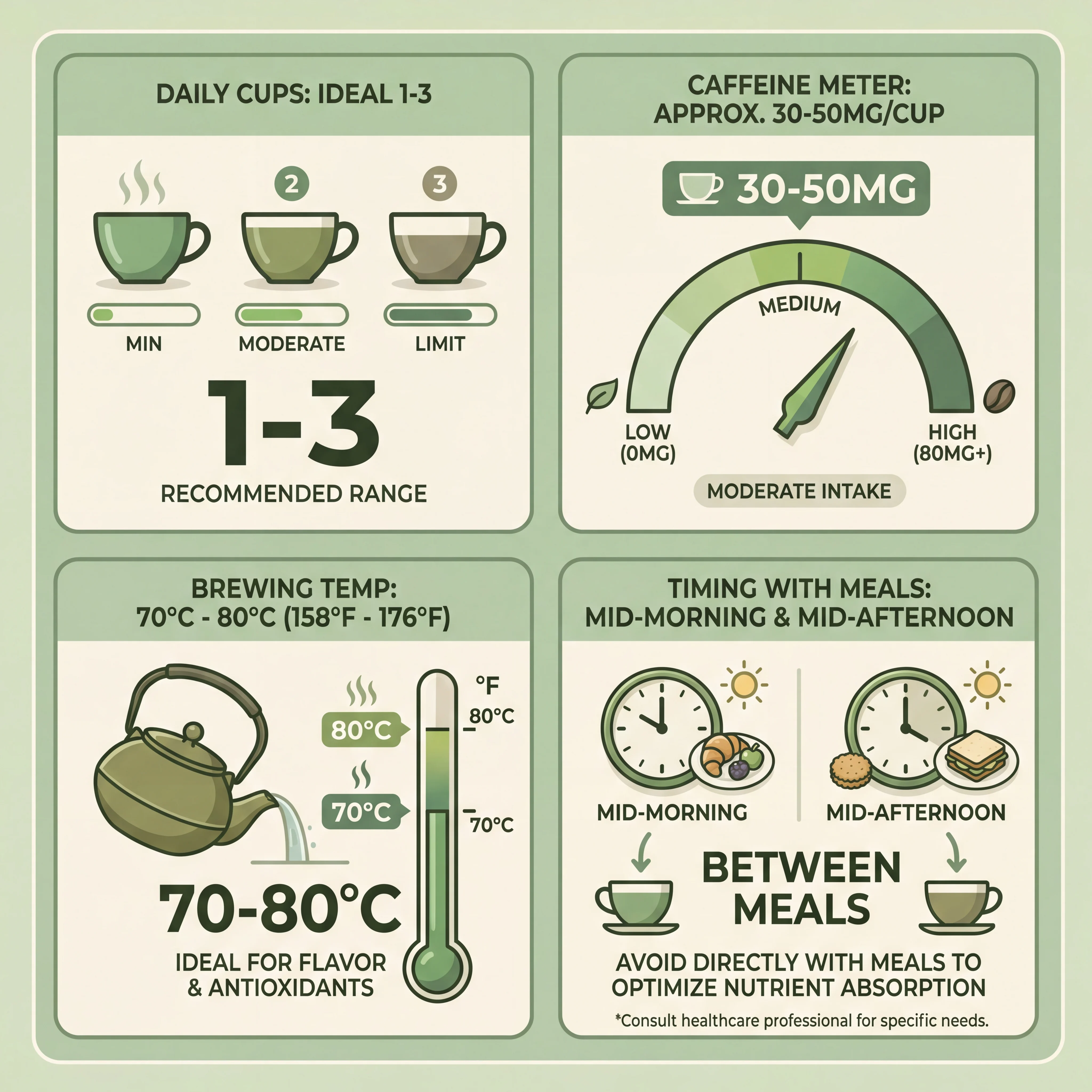 Infographic showing green tea cup counts, caffeine meter, and suggested brewing temperature range.