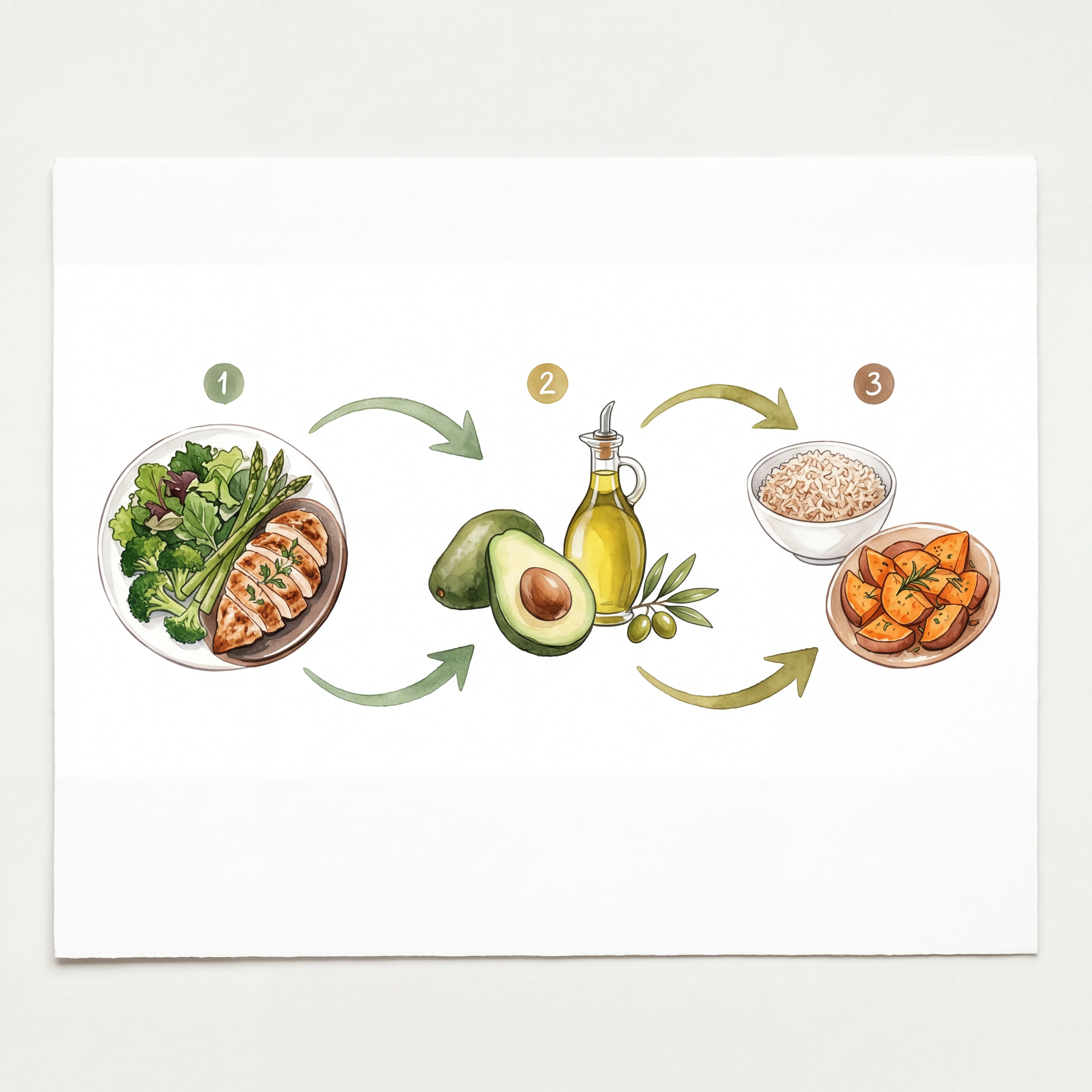 Three-step meal sequence diagram showing vegetables and protein eaten first, then healthy fats, followed by carbohydrates last