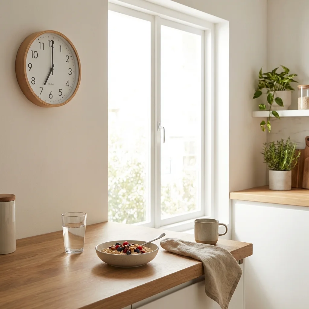 Bright morning kitchen scene with sunlight and breakfast to represent circadian light cues