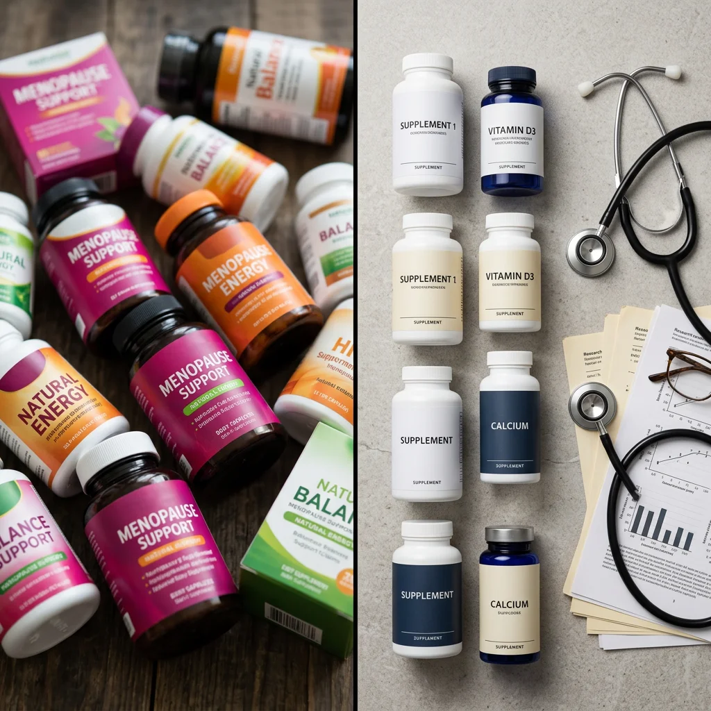 Split comparison showing popular menopause supplement claims on one side and clinical trial evidence ratings on the other