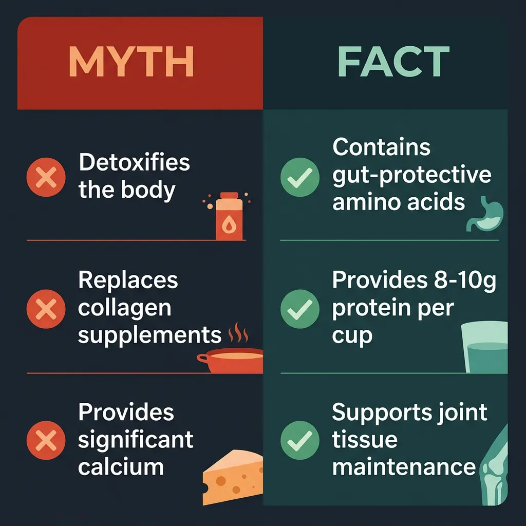 Side by side comparison showing common bone broth myths versus what research evidence actually supports