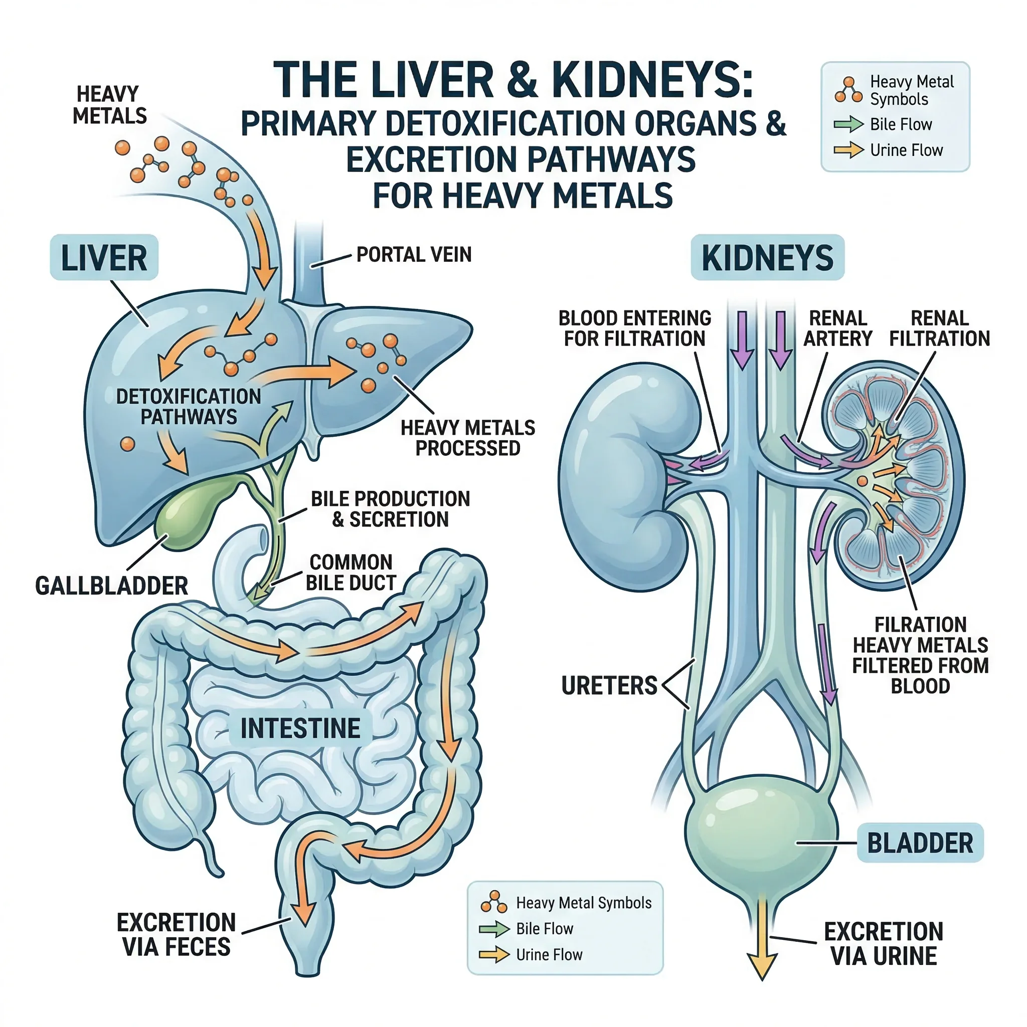 Diagram illustrating the liver and kidney detoxification pathways for heavy metal excretion