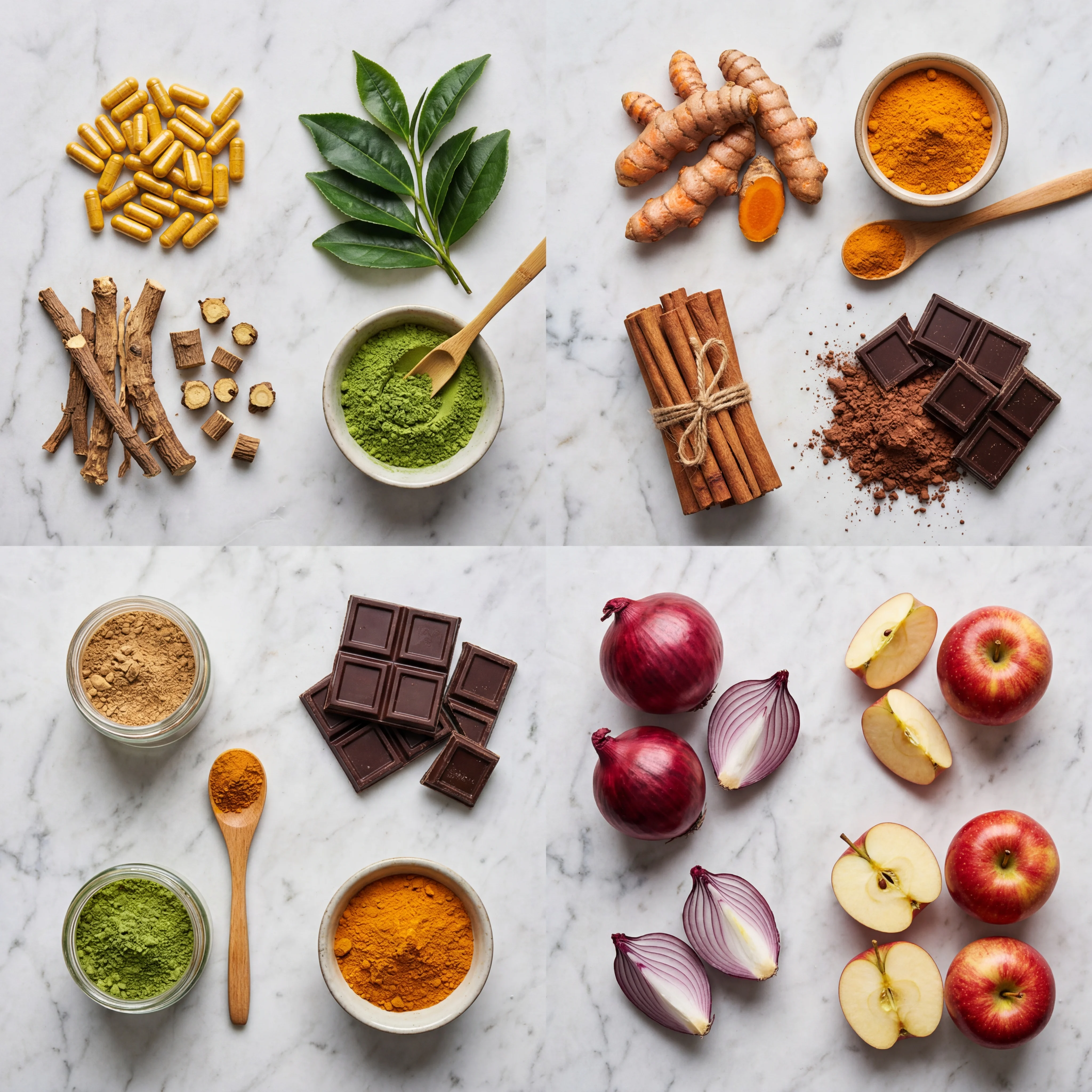 Illustrated comparison chart of six natural compounds that boost GLP-1: berberine, quercetin, green tea catechins, curcumin, cinnamon extract, and resveratrol with their food sources