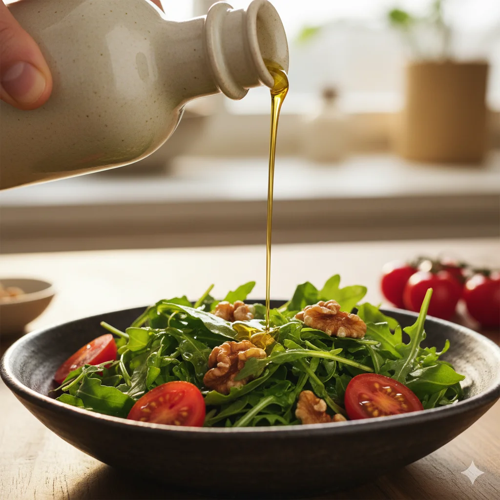 Close-up of golden extra virgin olive oil being poured over fresh salad greens with walnuts and tomatoes