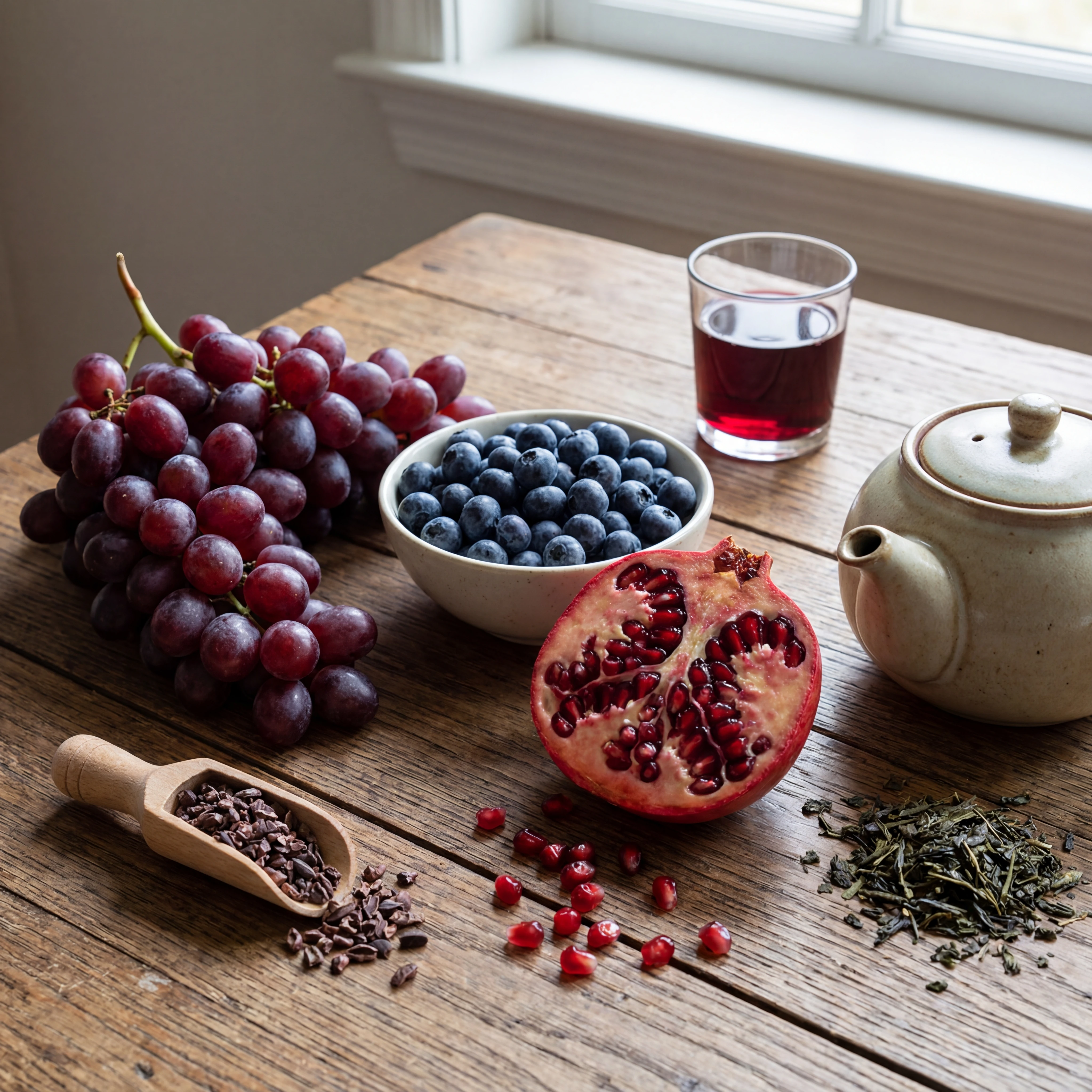 Red grapes, berries, pomegranate, cocoa nibs, and green tea with a small glass of red wine