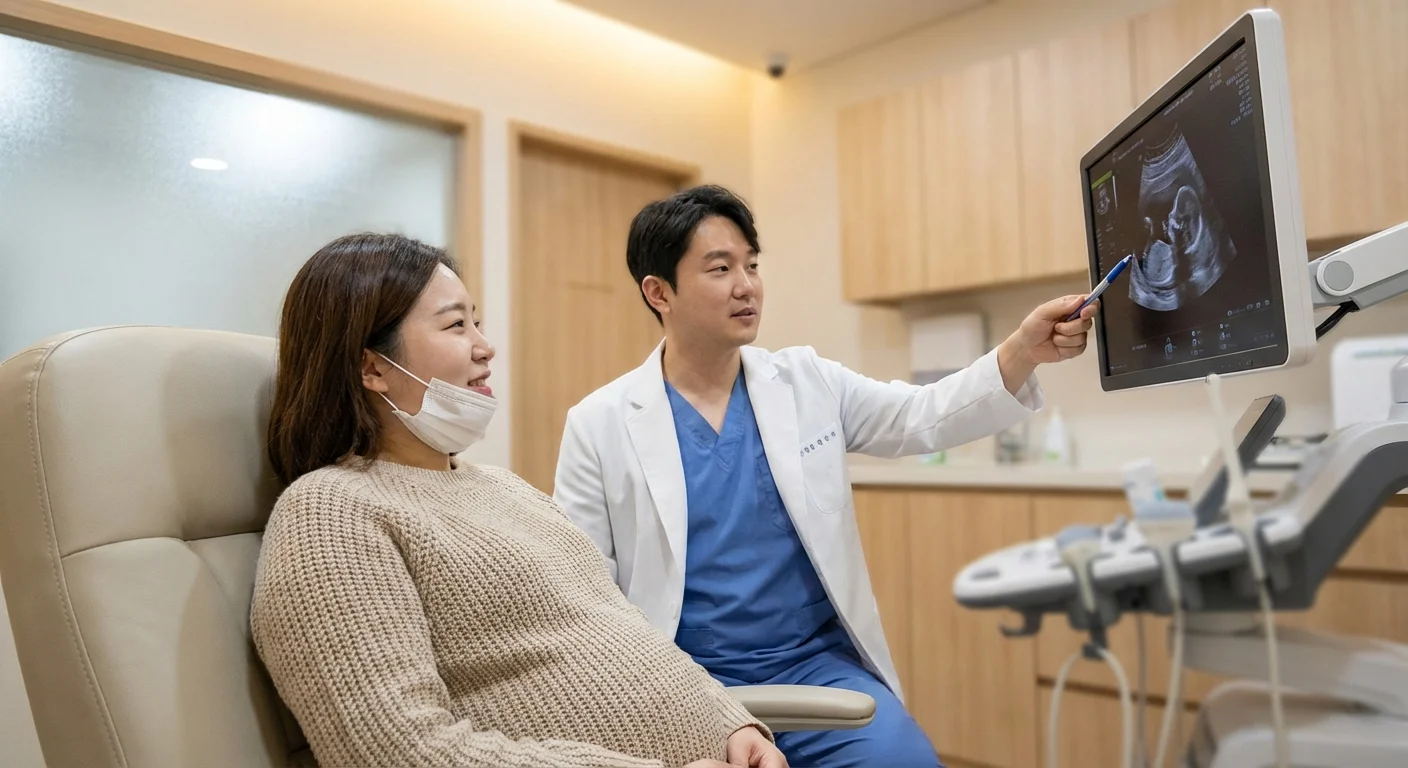 Pregnant woman reviewing an ultrasound scan with her doctor in a modern clinical office