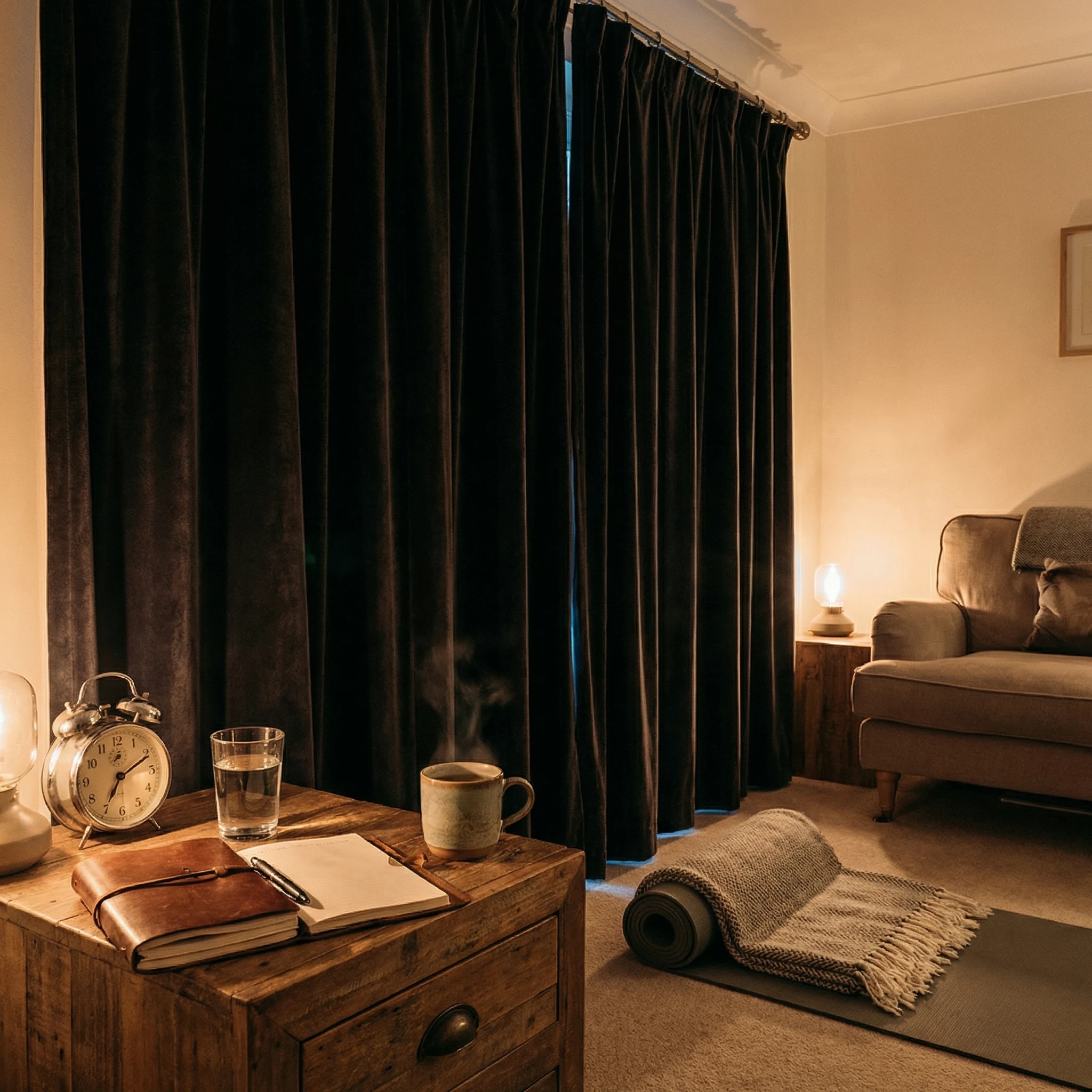 Evening bedroom setup with dim lighting, alarm clock, water glass, notebook, tea, and yoga mat for sleep recovery