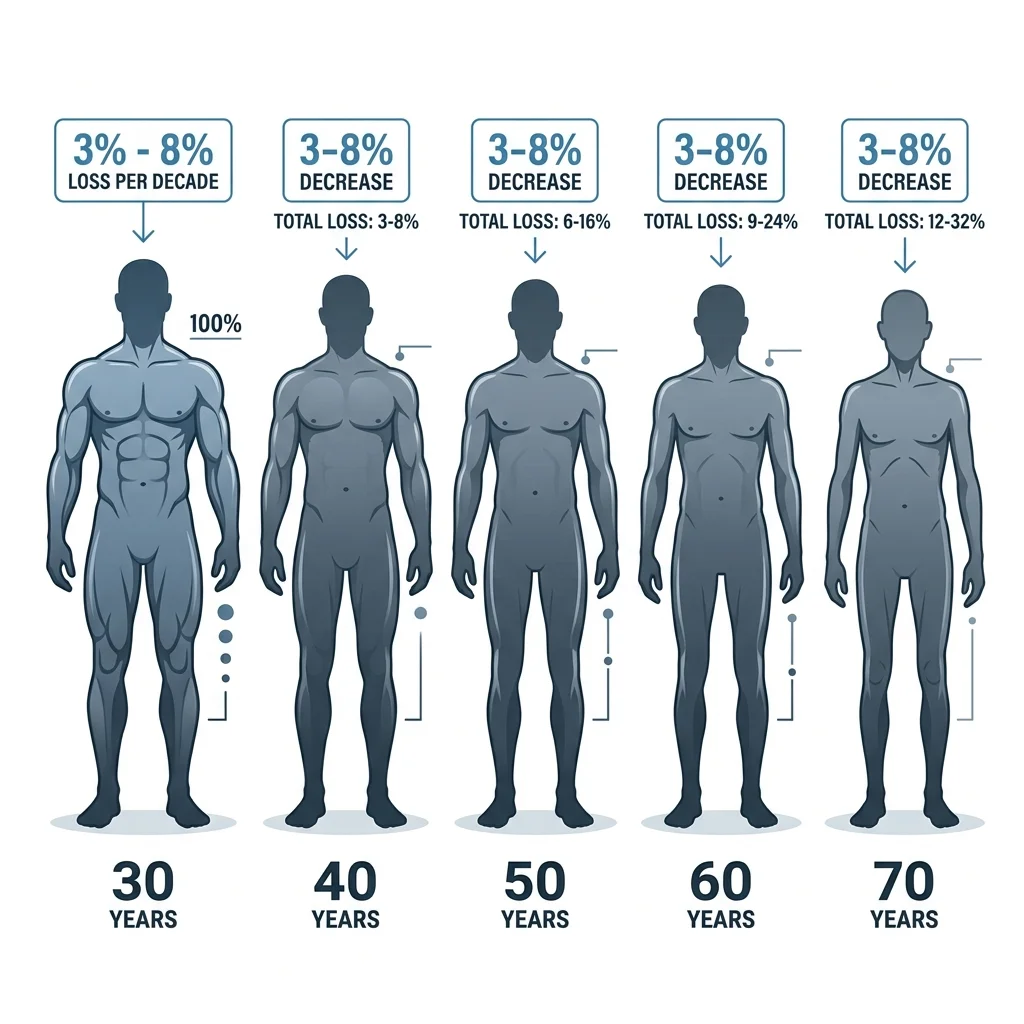 Infographic showing the progressive loss of muscle mass by decade from age 30 to 70 with percentage markers