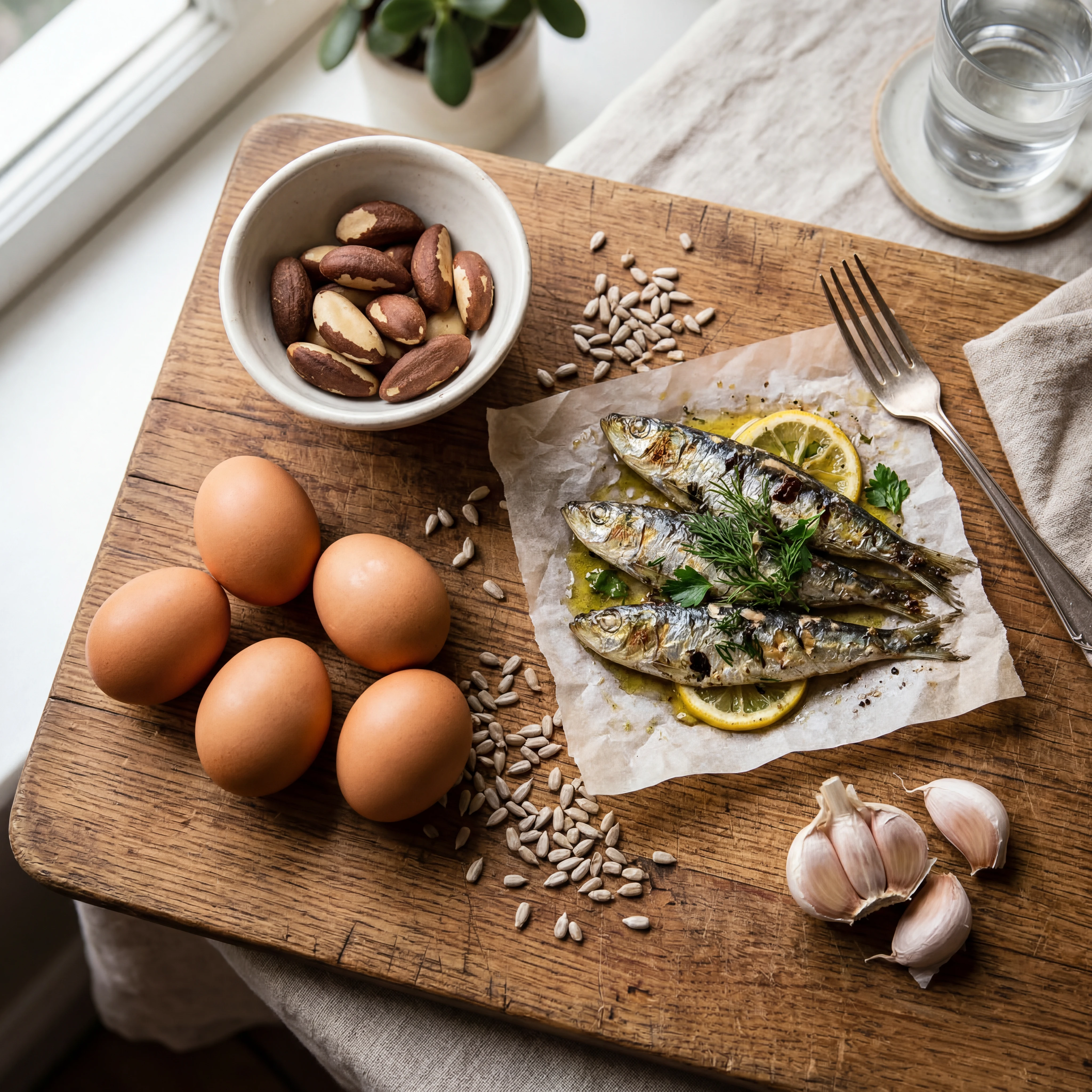Arrangement of selenium-rich foods including Brazil nuts, sardines, eggs, and sunflower seeds on a wooden surface