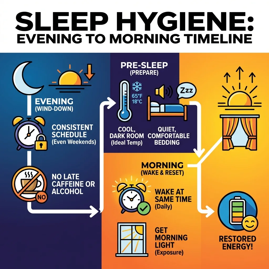 Icon-based infographic illustrating sleep hygiene habits such as light control, caffeine cutoff, and consistent schedule