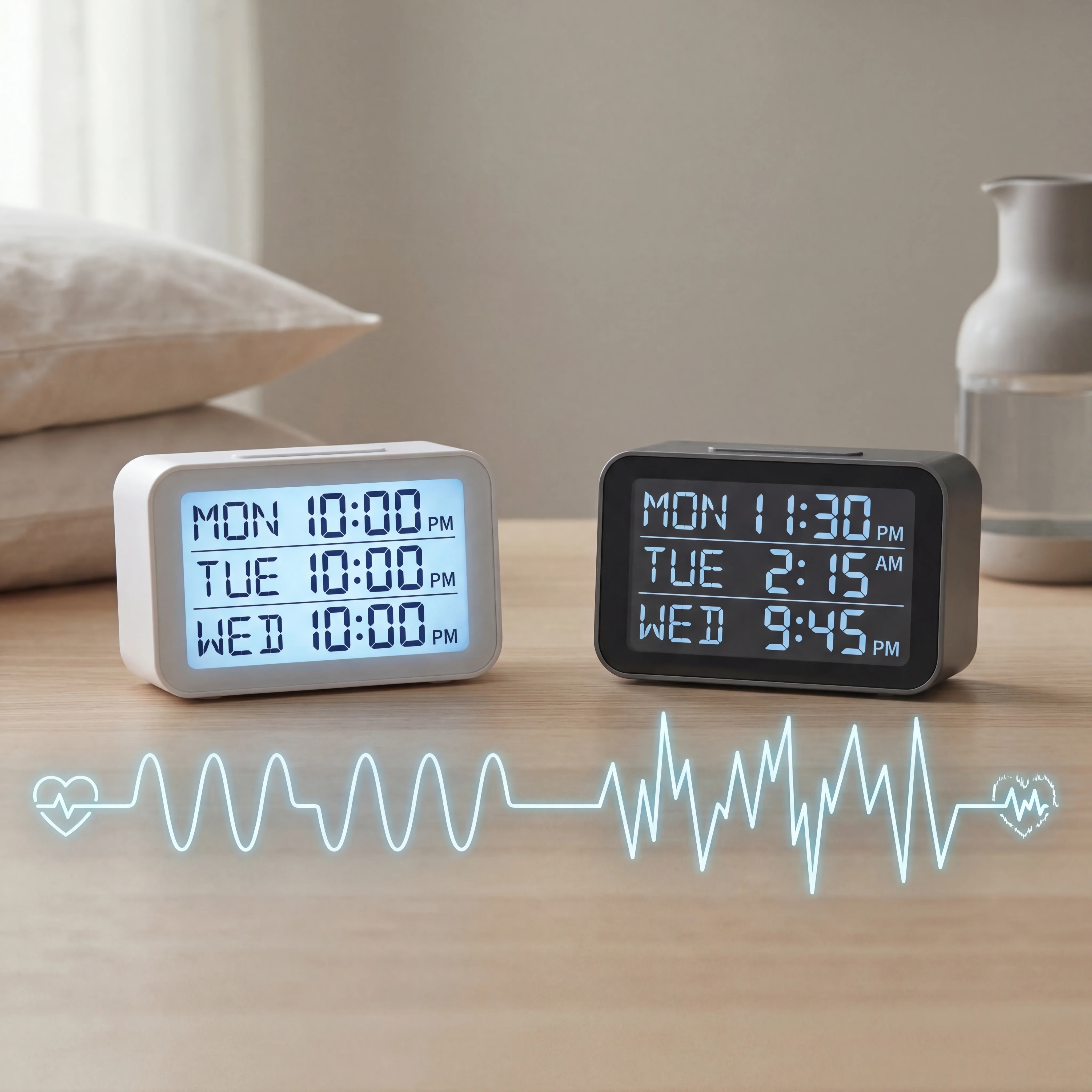Split comparison showing regular versus irregular sleep schedules and their associated cardiovascular risk profiles