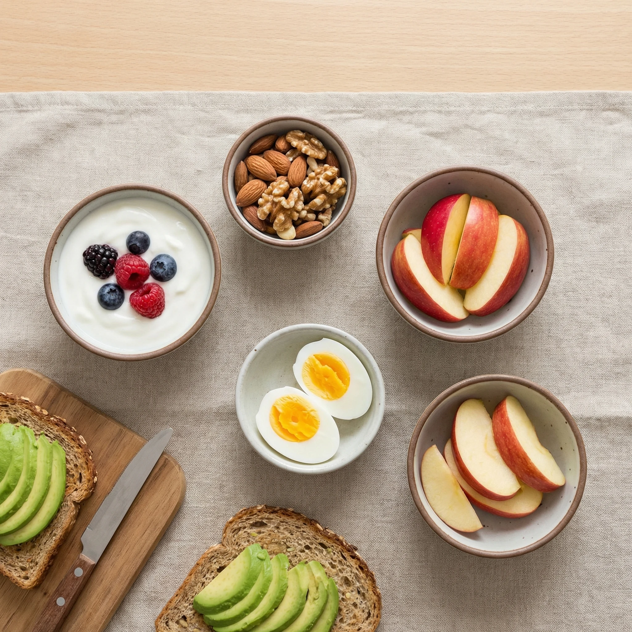 Portioned protein-forward snack ingredients including yogurt, nuts, eggs, fruit, and whole grains