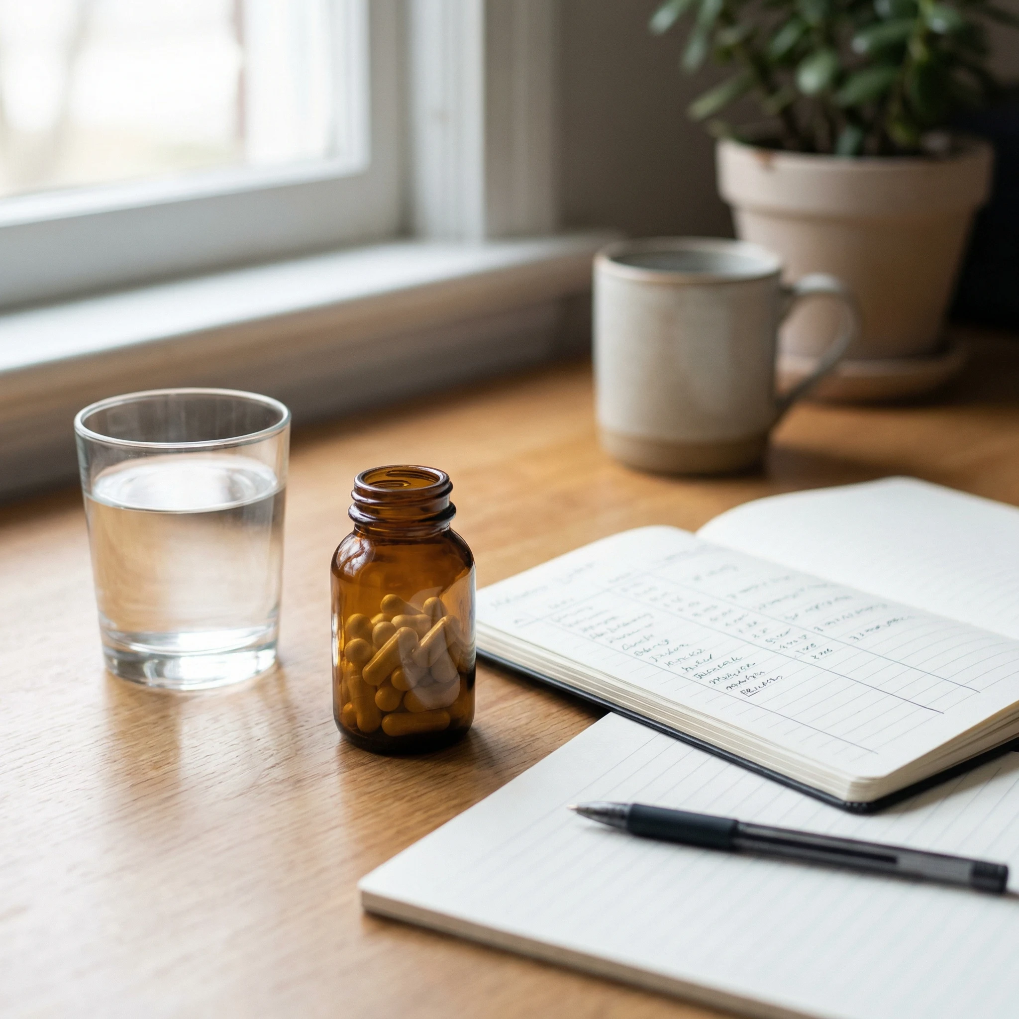 Supplement bottle beside a notebook symptom tracker and glass of water on a desk by a window.