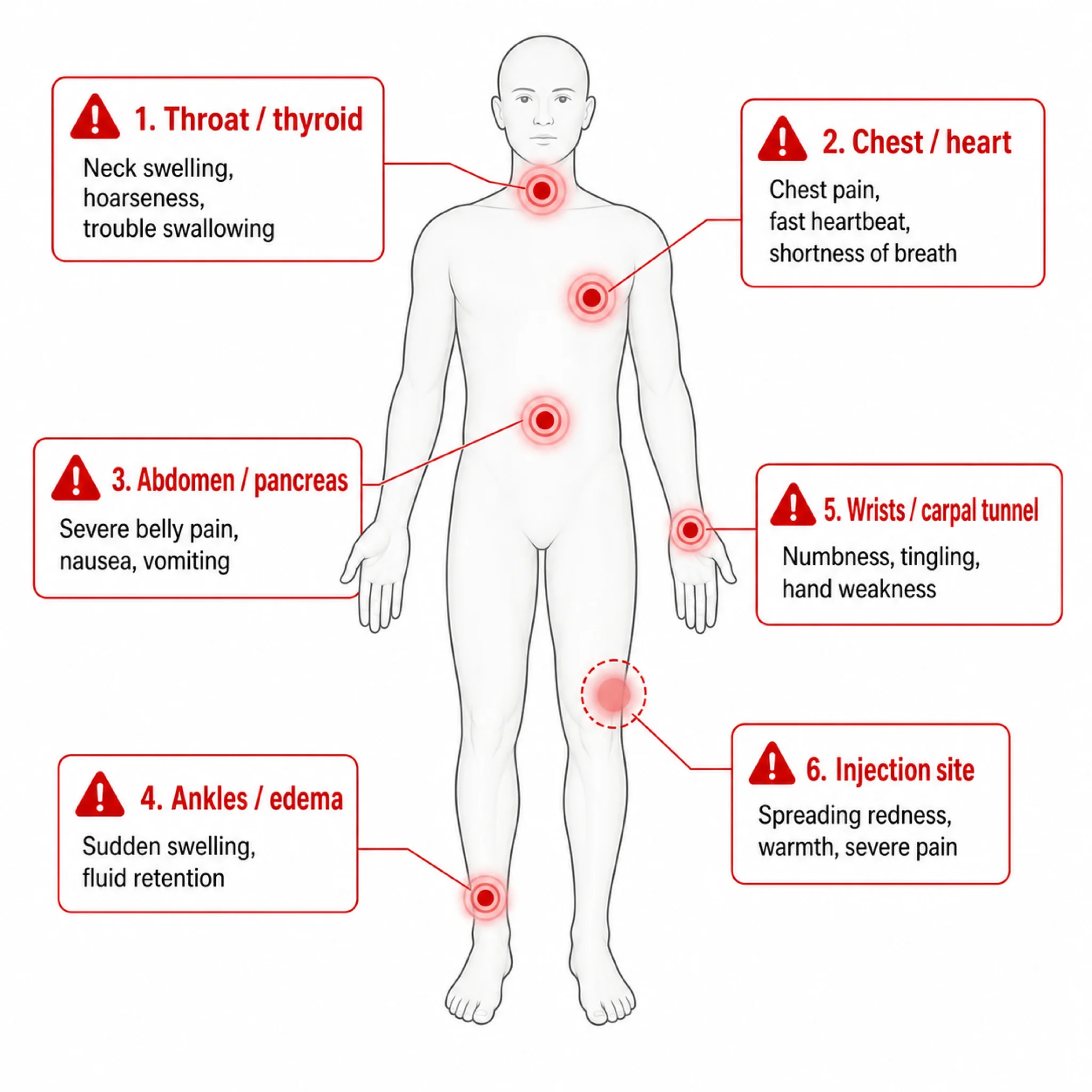 Human body diagram showing locations of peptide side effects requiring medical attention