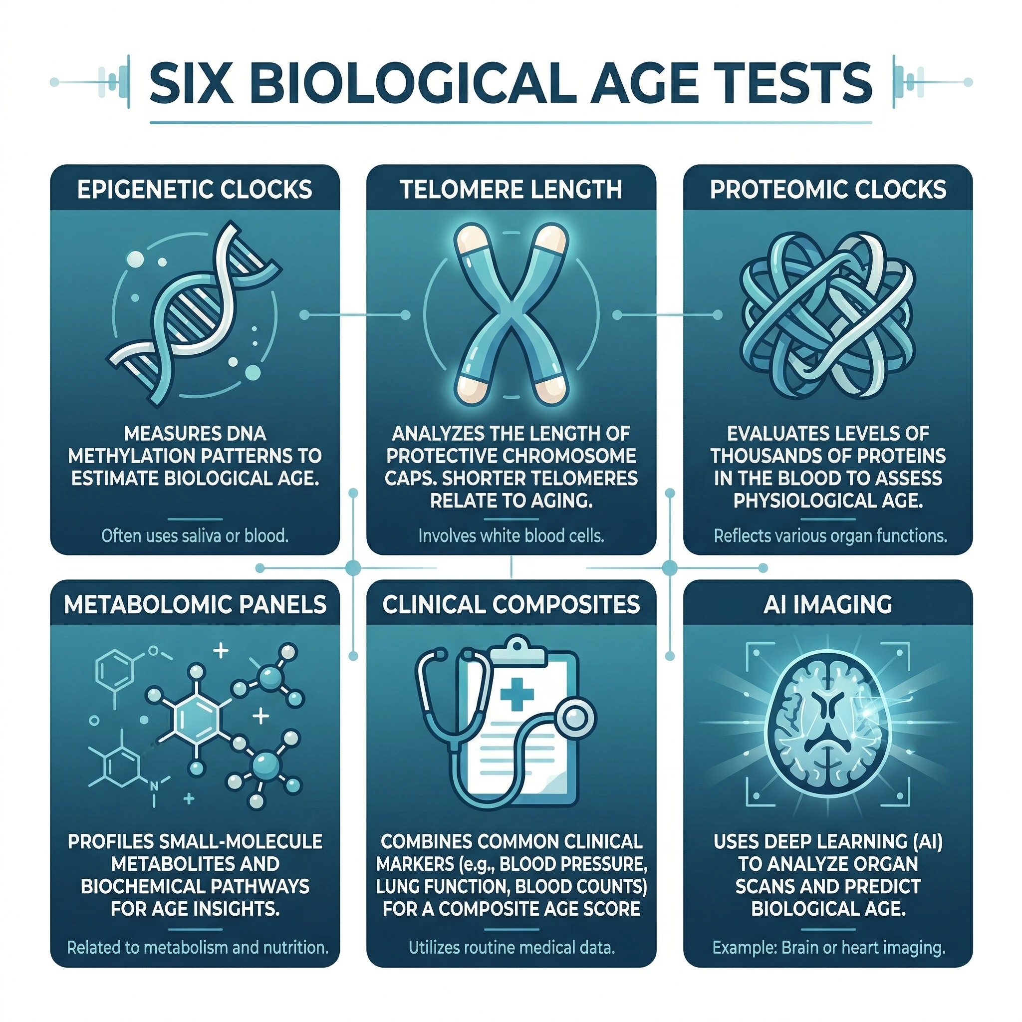 Infographic comparing six biological age testing categories showing sample types and measurement targets