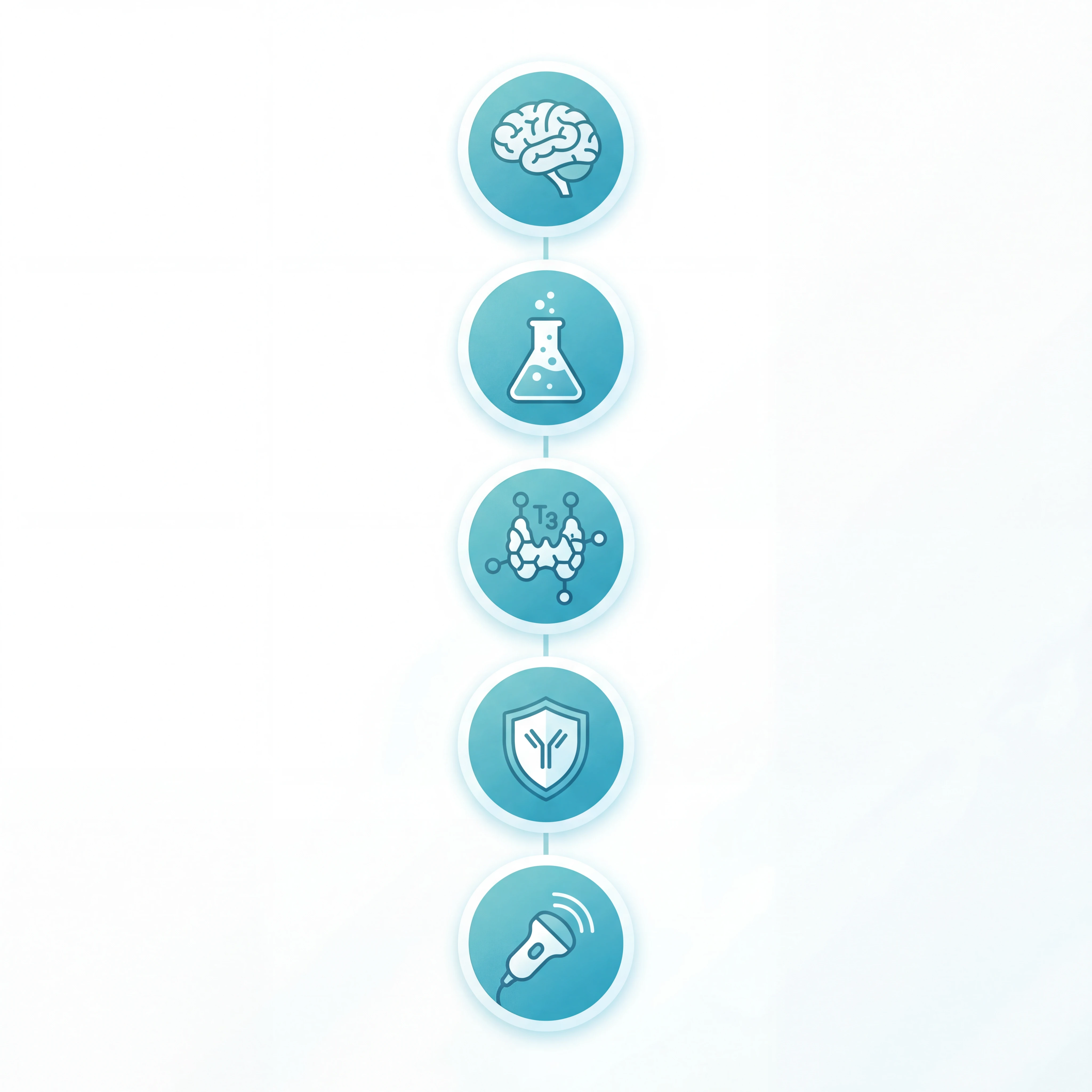Infographic showing the complete thyroid panel tests including TSH, Free T4, Free T3, TPOAb, and TgAb with normal reference ranges