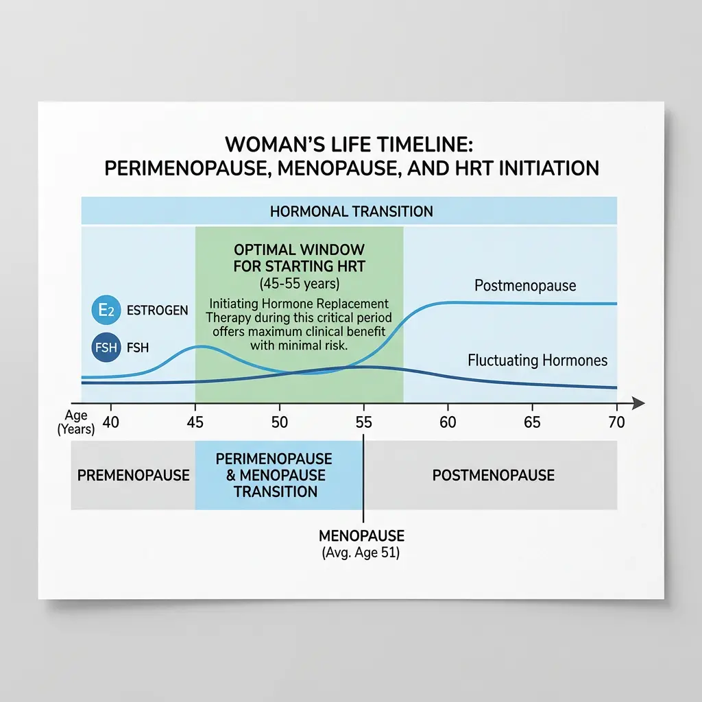 Timeline diagram showing the optimal window for starting hormone replacement therapy relative to menopause onset and age milestones