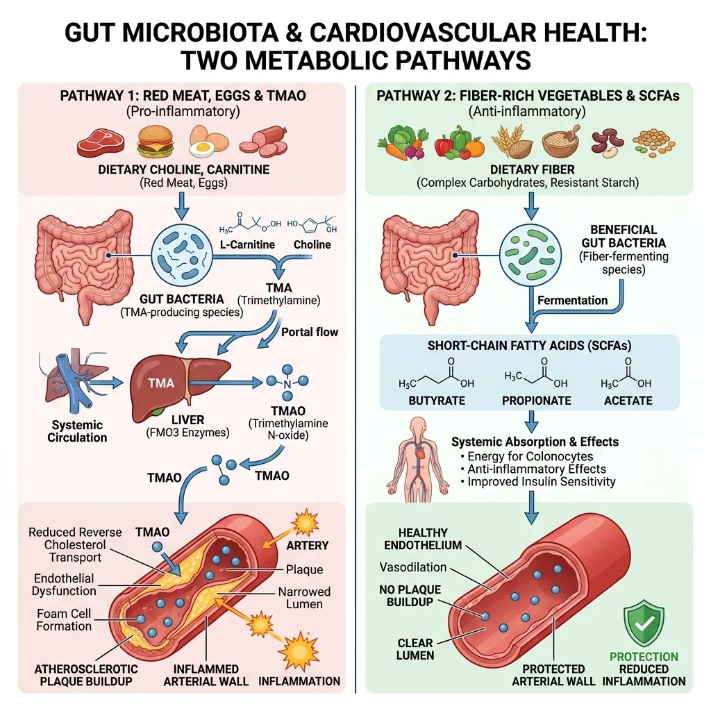 Infographic showing the two metabolic pathways from gut bacteria to heart health outcomes