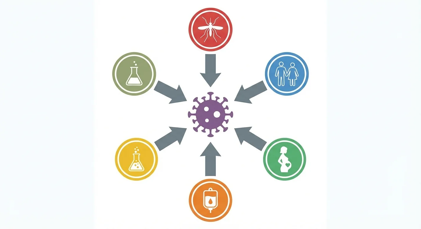 Infographic showing six transmission routes of Zika virus including mosquito bites, sexual contact, and mother-to-fetus transfer