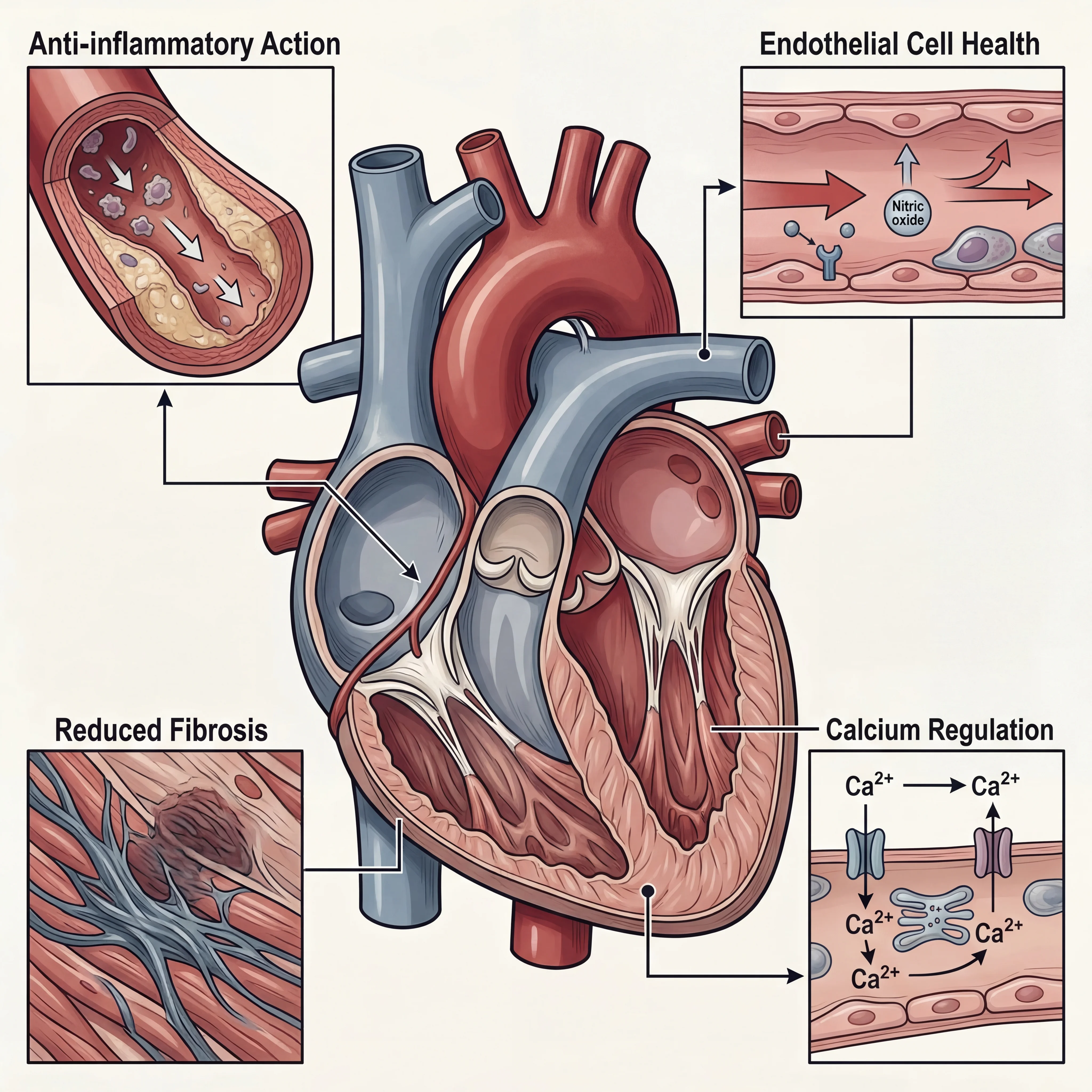Scientific illustration showing four mechanisms of vitamin D cardioprotection including anti-inflammatory action, endothelial support, anti-fibrotic effects, and calcium regulation