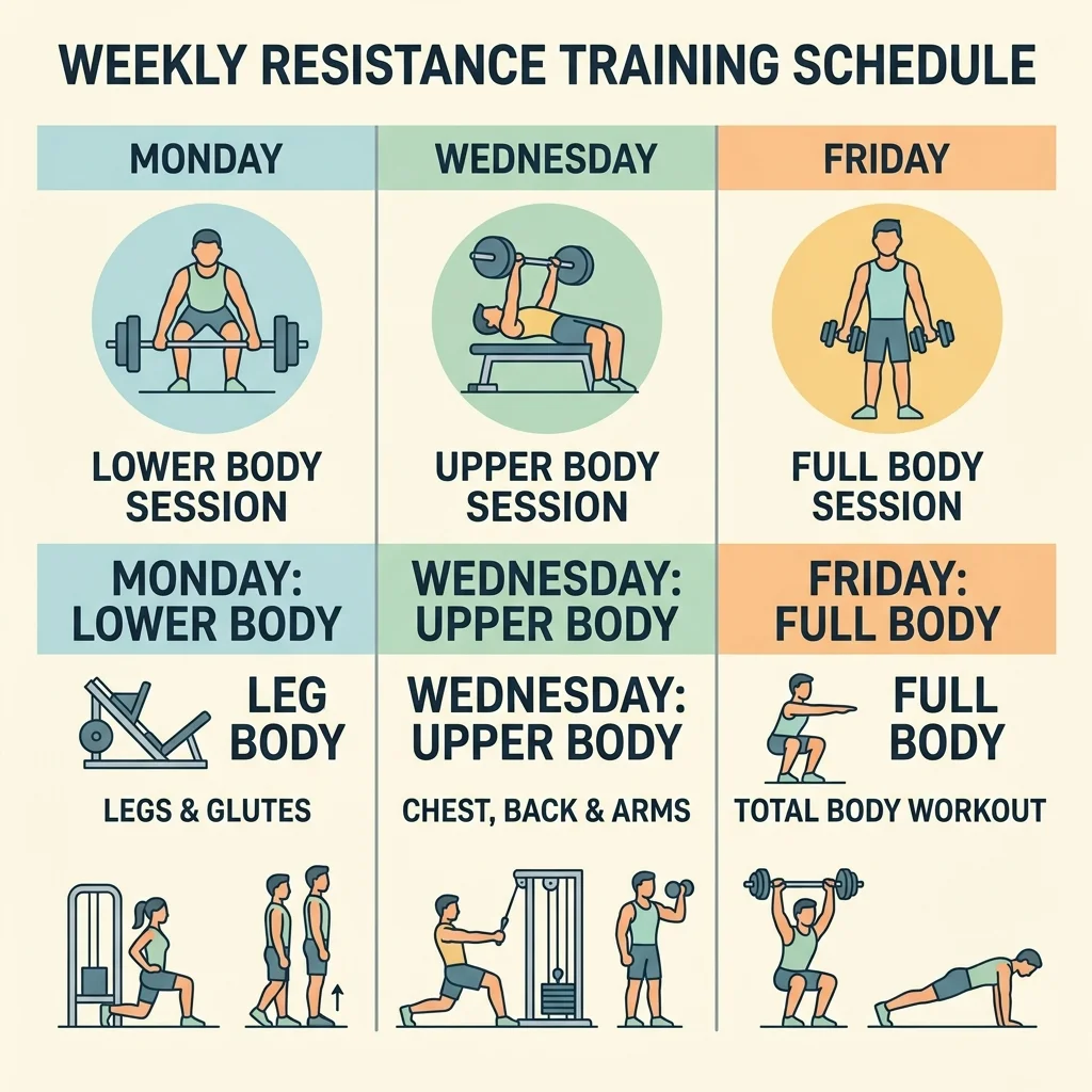 Illustrated weekly resistance training schedule showing three training days with specific exercise groupings
