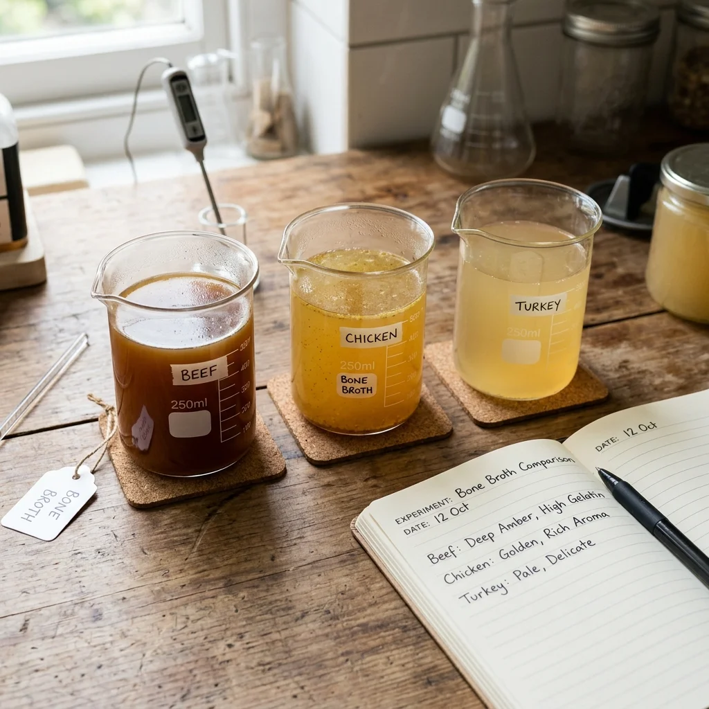 Three different bone broth samples showing visible variation