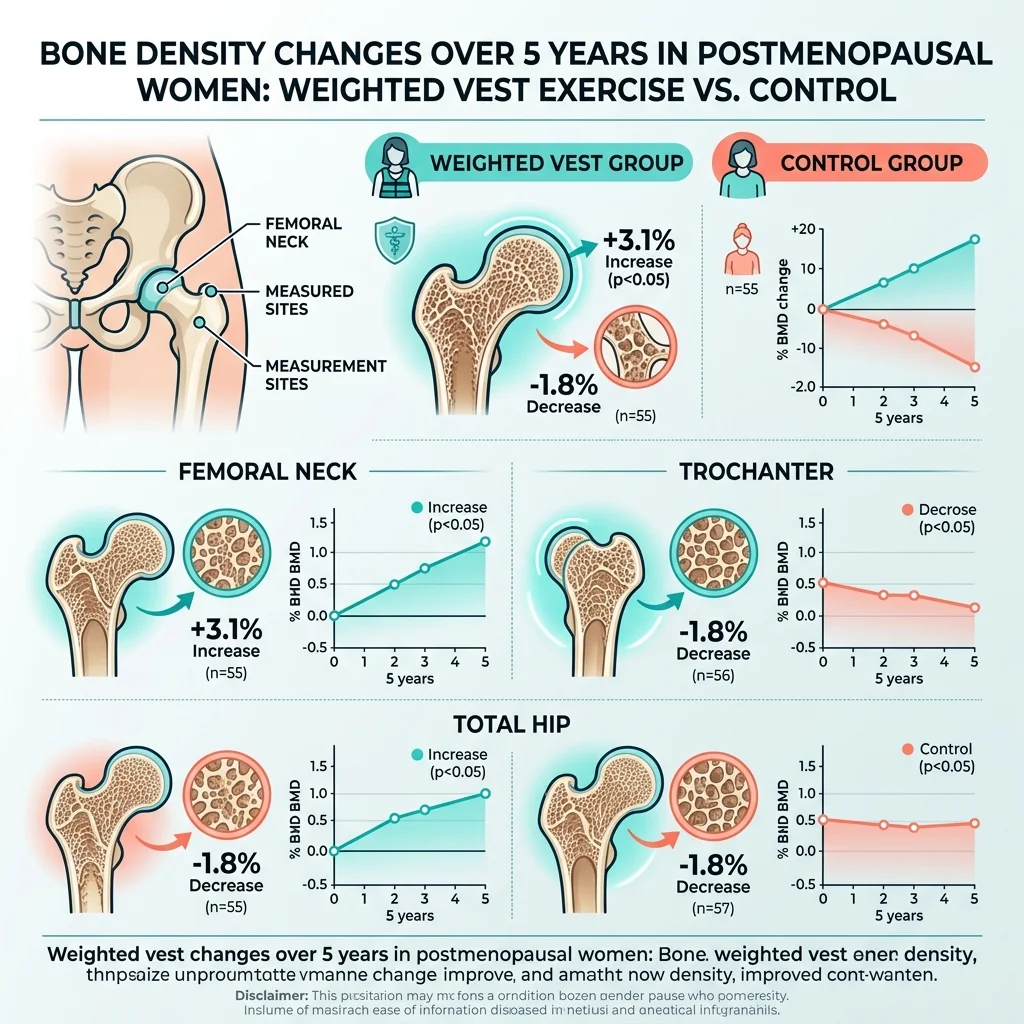 Infographic comparing bone density changes at three hip sites between weighted vest exercise and control groups over five years