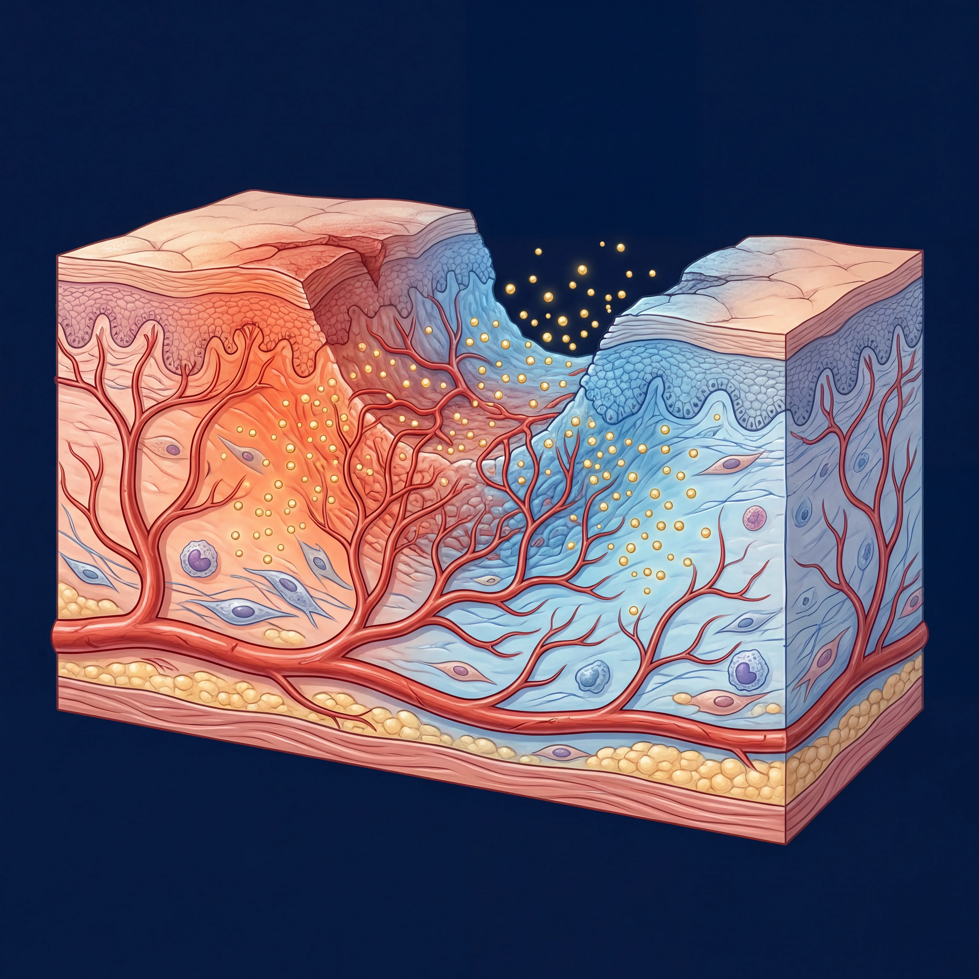 Diagram showing BPC-157 molecular pathways including VEGF activation and nitric oxide signaling in tissue repair