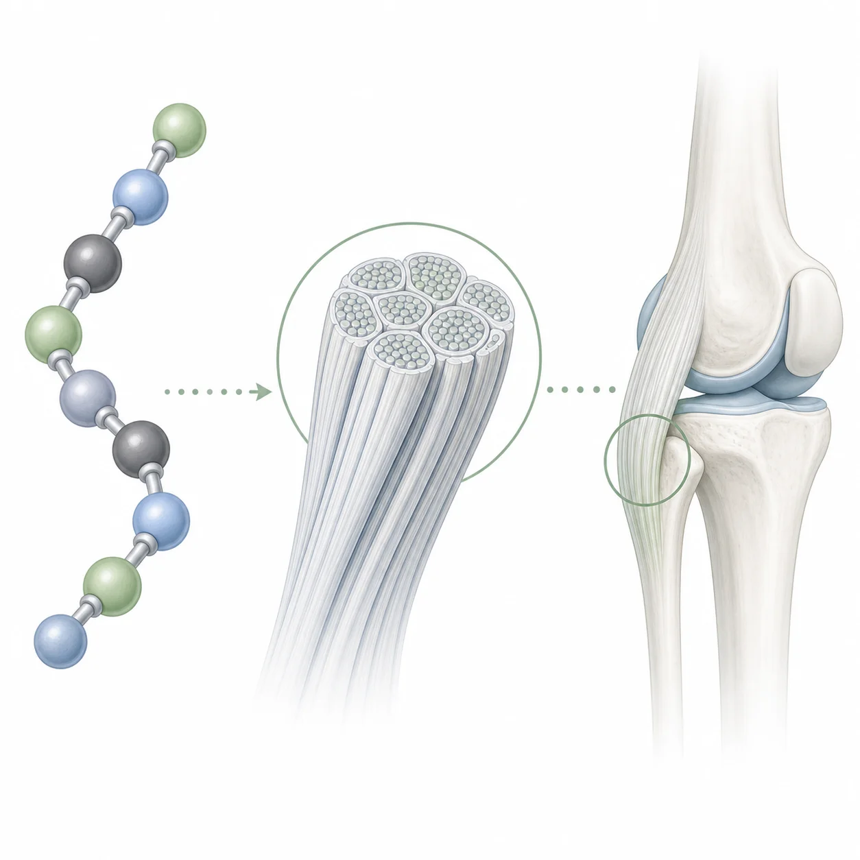 Diagram-style illustration of BPC-157 as a short peptide near tendon and joint tissue