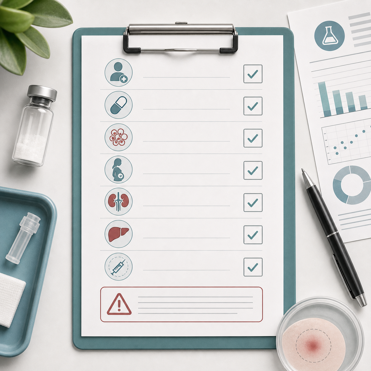Safety checklist illustration for BPC-157 medical screening and monitoring