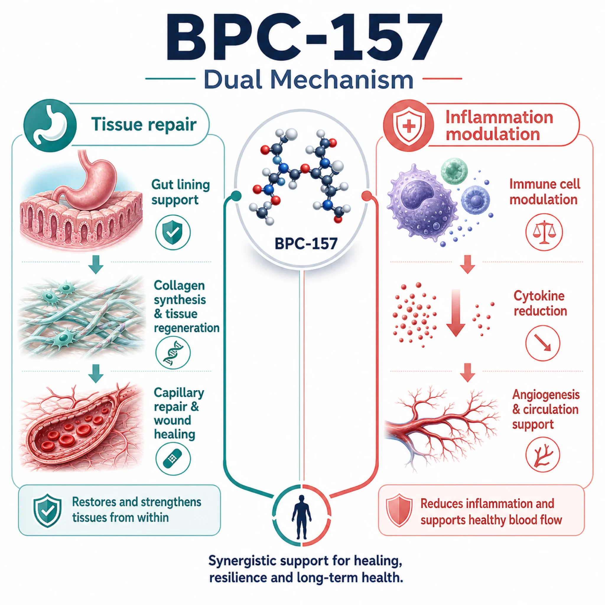 Infographic illustrating BPC-157 dual mechanism of gut healing and brain-gut axis neurotransmitter modulation