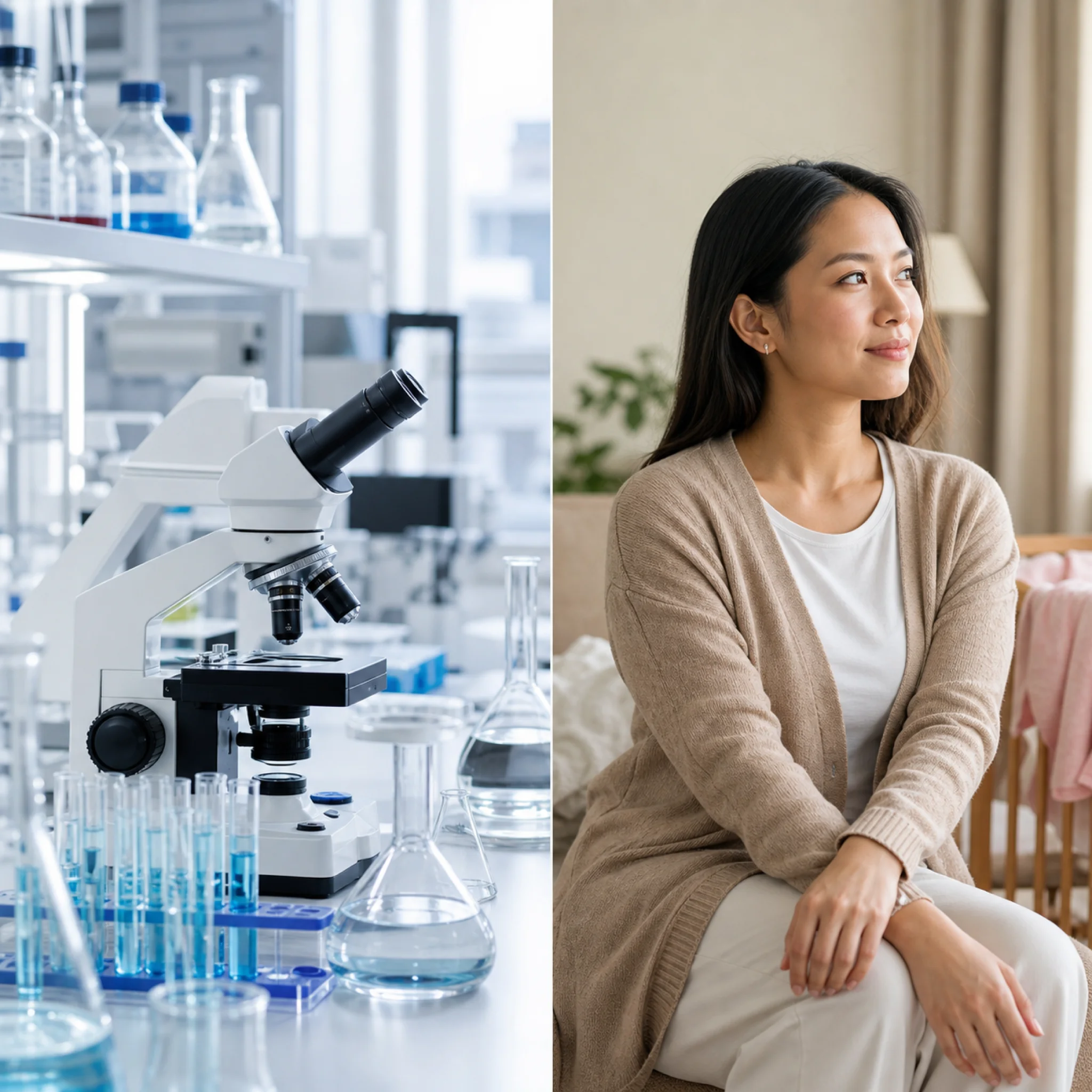 Visual comparison of laboratory research versus real-world postpartum patient experience representing the BPC-157 evidence gap