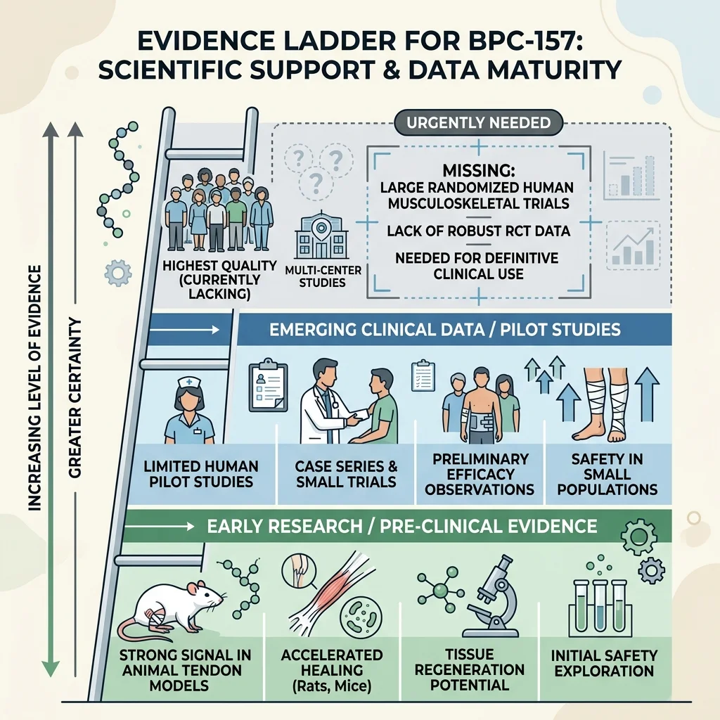 Evidence ladder showing BPC-157 animal signals and missing large human trials